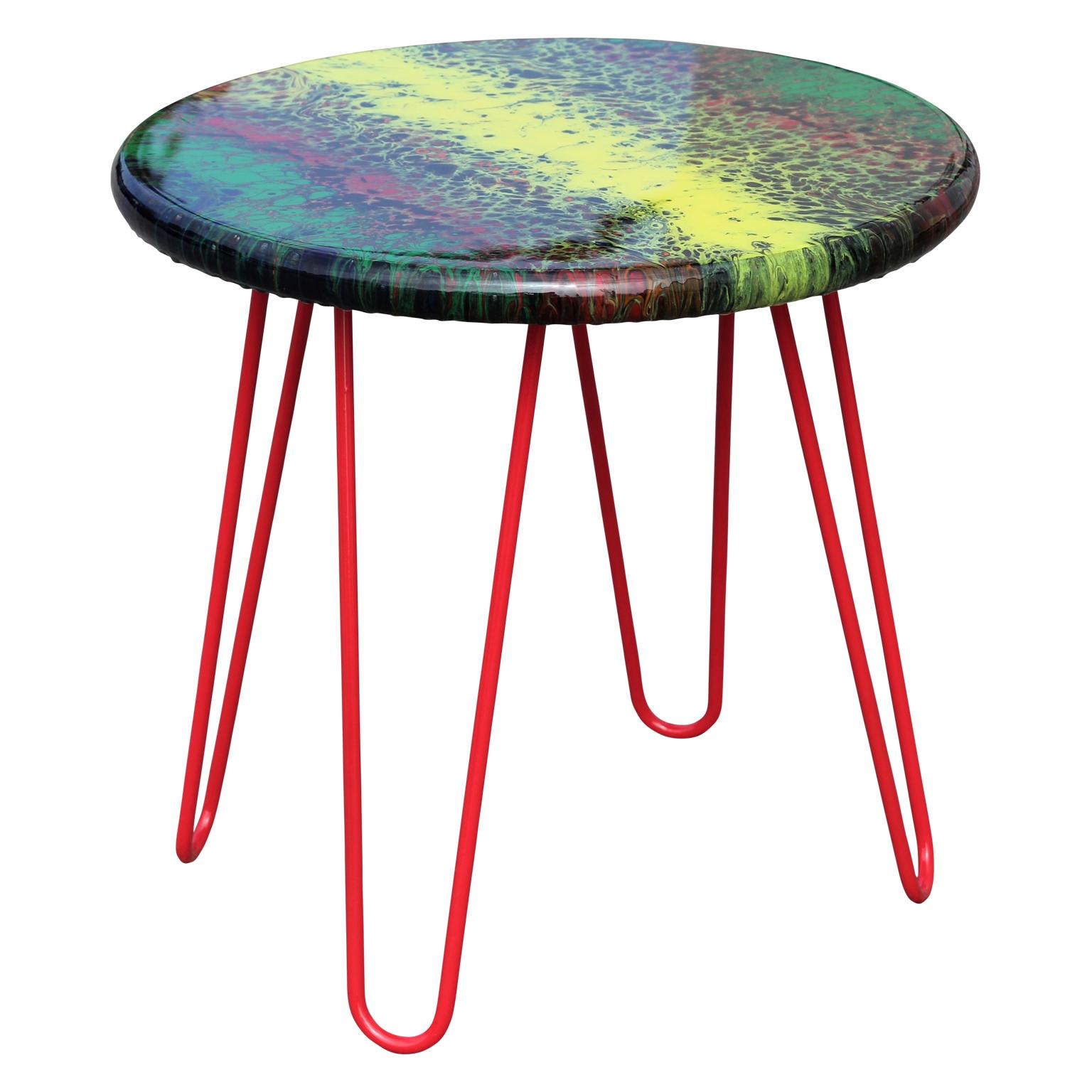 American Custom Colorful Abstract Yellow, Green, Red, and Black Acrylic Fluid Side Table