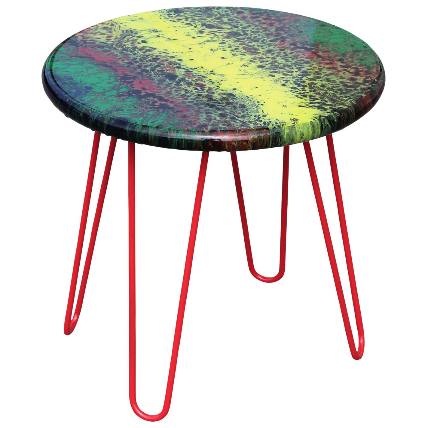 Custom Colorful Abstract Yellow, Green, Red, and Black Acrylic Fluid Side Table