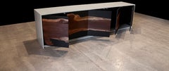 Modern White Console Cabinet with Black Walnut Slab Face Doors