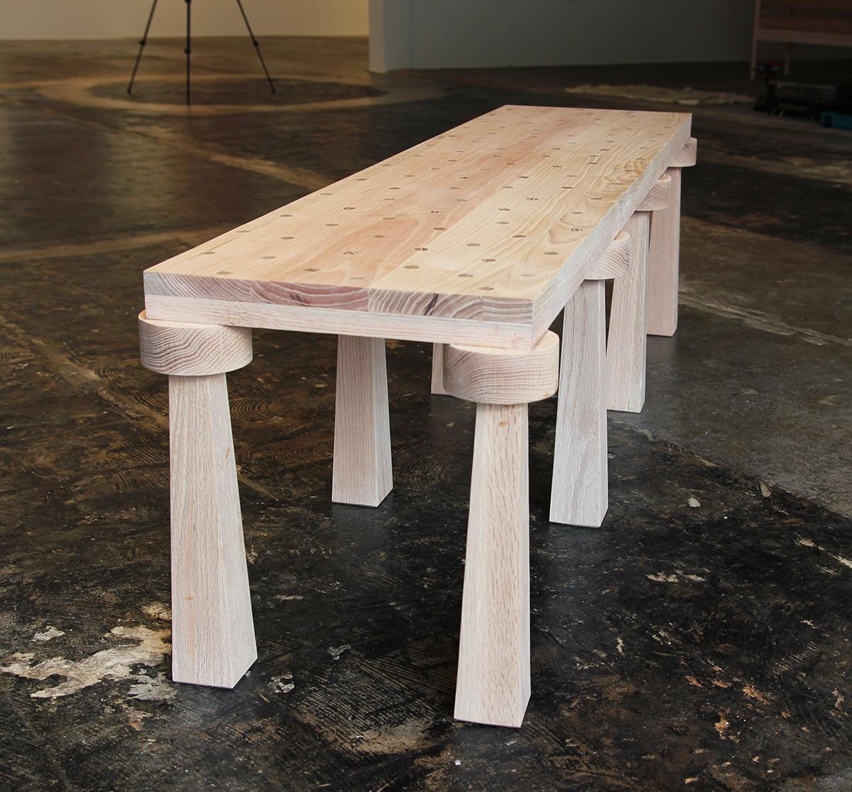American Custom Contemporary Natural Oak Brutalist Organic Bench with Inlaid Top