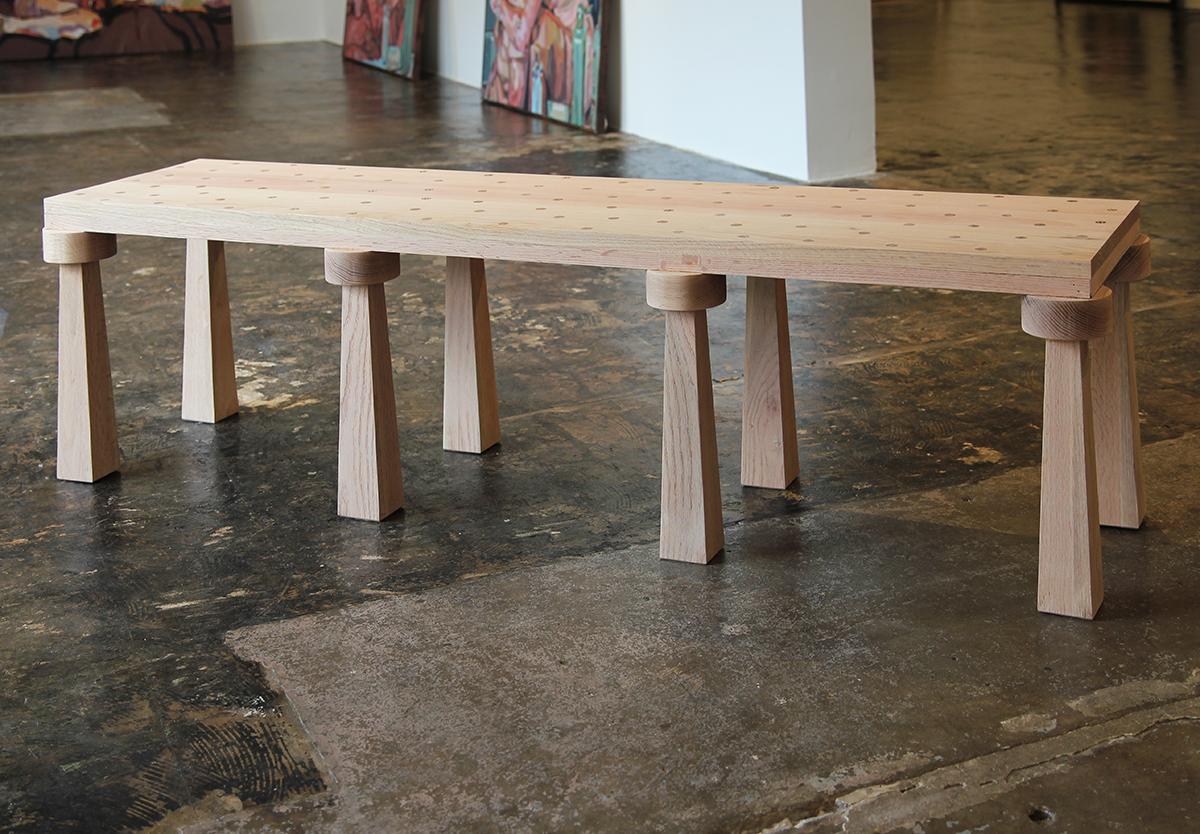 Custom Contemporary Natural Oak Brutalist Organic Bench with Inlaid Top In New Condition In Houston, TX