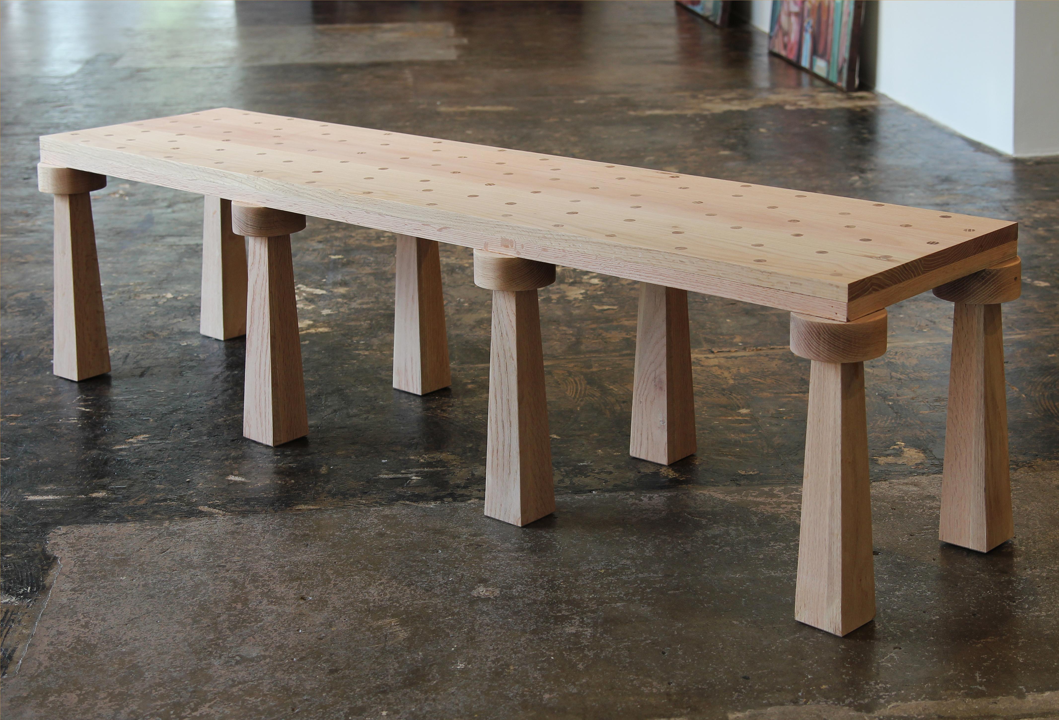 Custom Contemporary Natural Oak Brutalist Organic Bench with Inlaid Top 2