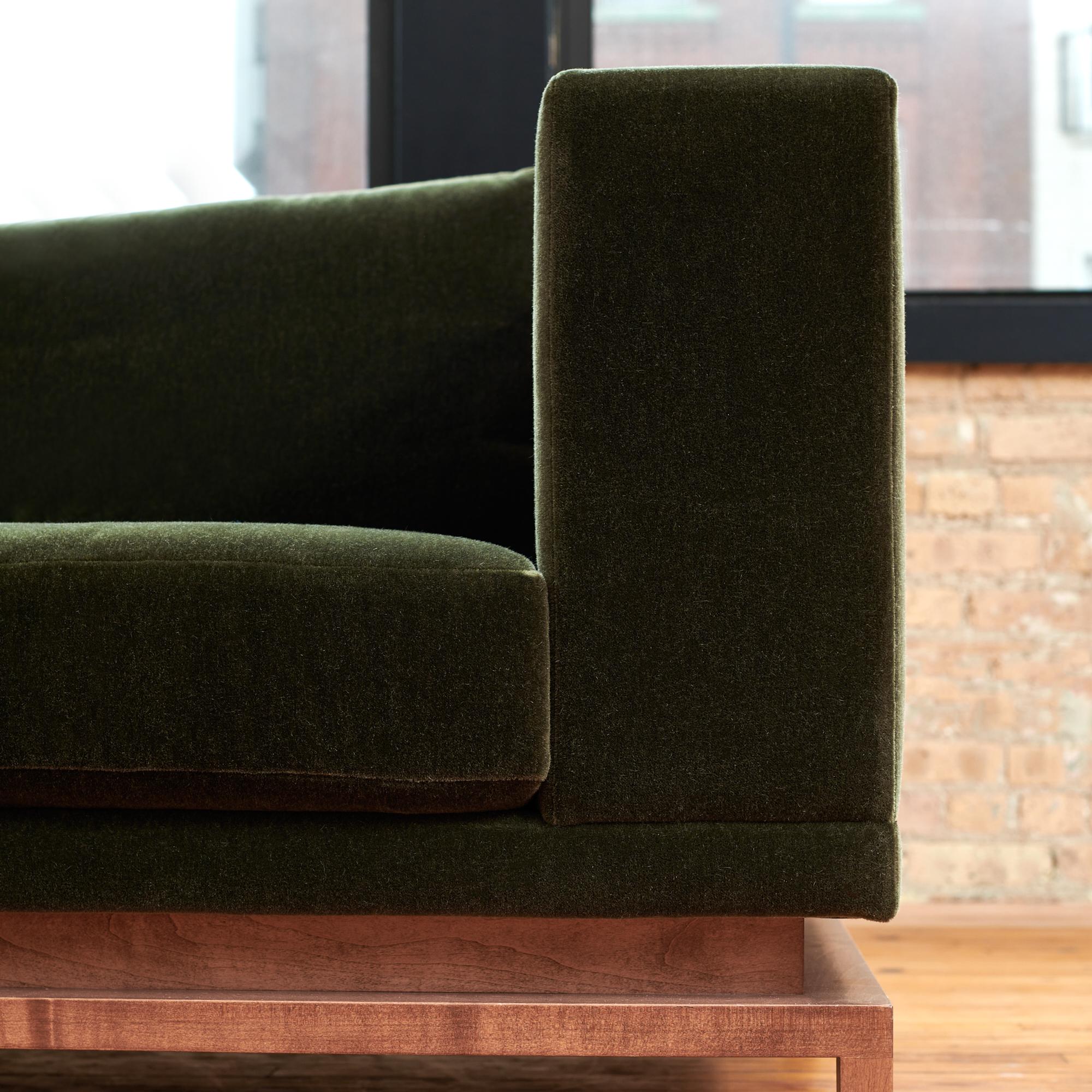 Custom Contemporary Sofa Green Mohair Walnut Base Gil Melott Bespoke For Sale 6