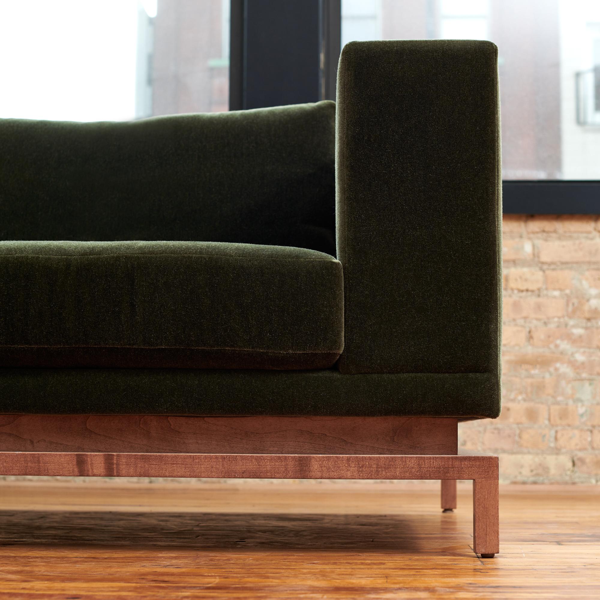 Custom Contemporary Sofa Green Mohair Walnut Base Gil Melott Bespoke For Sale 7