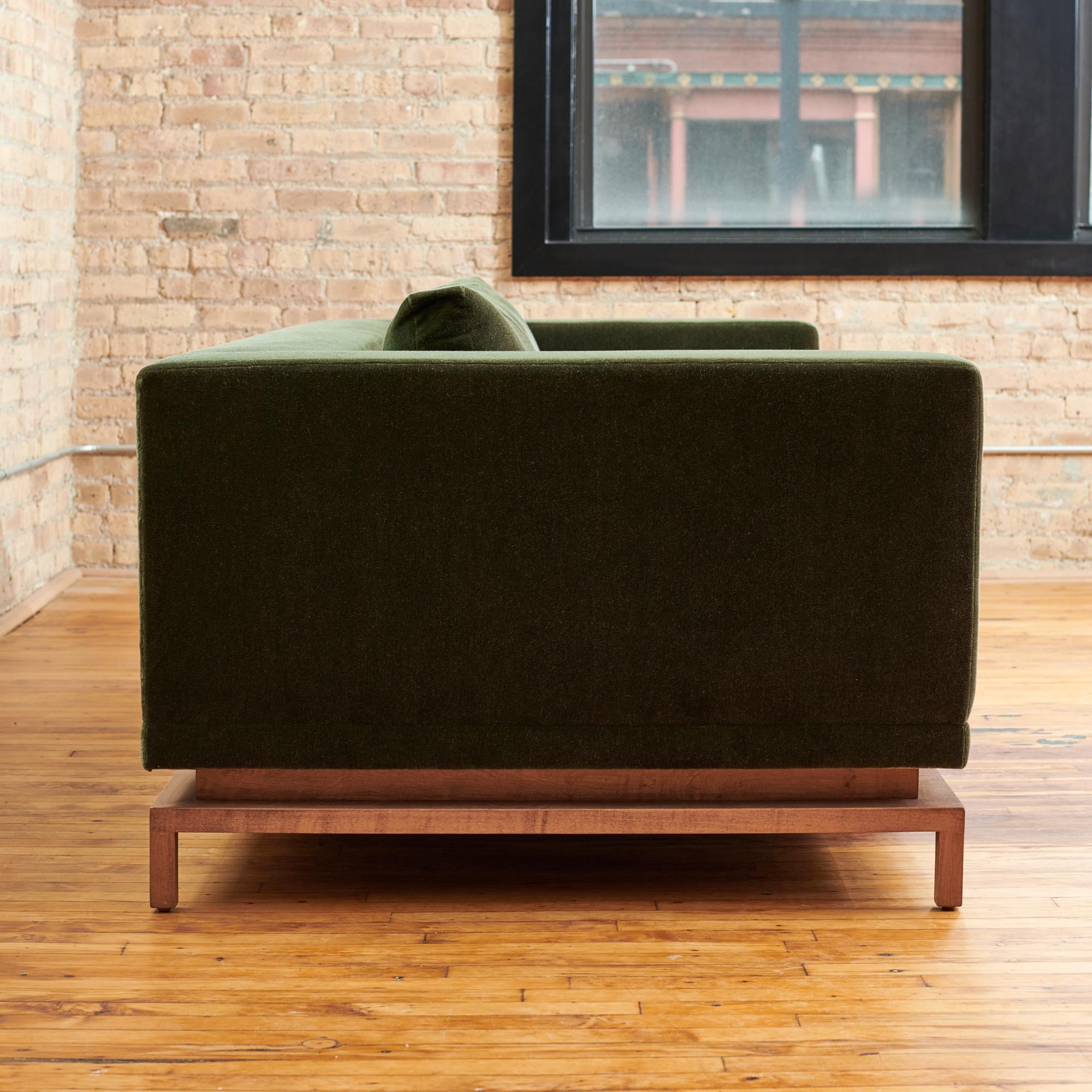 Modern Custom Contemporary Sofa Green Mohair Walnut Base Gil Melott Bespoke For Sale