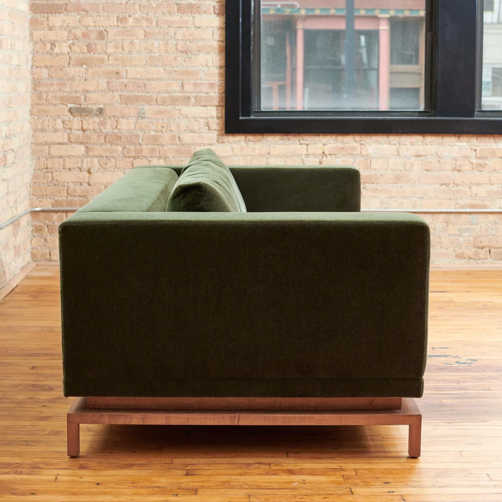 American Custom Contemporary Sofa Green Mohair Walnut Base Gil Melott Bespoke For Sale