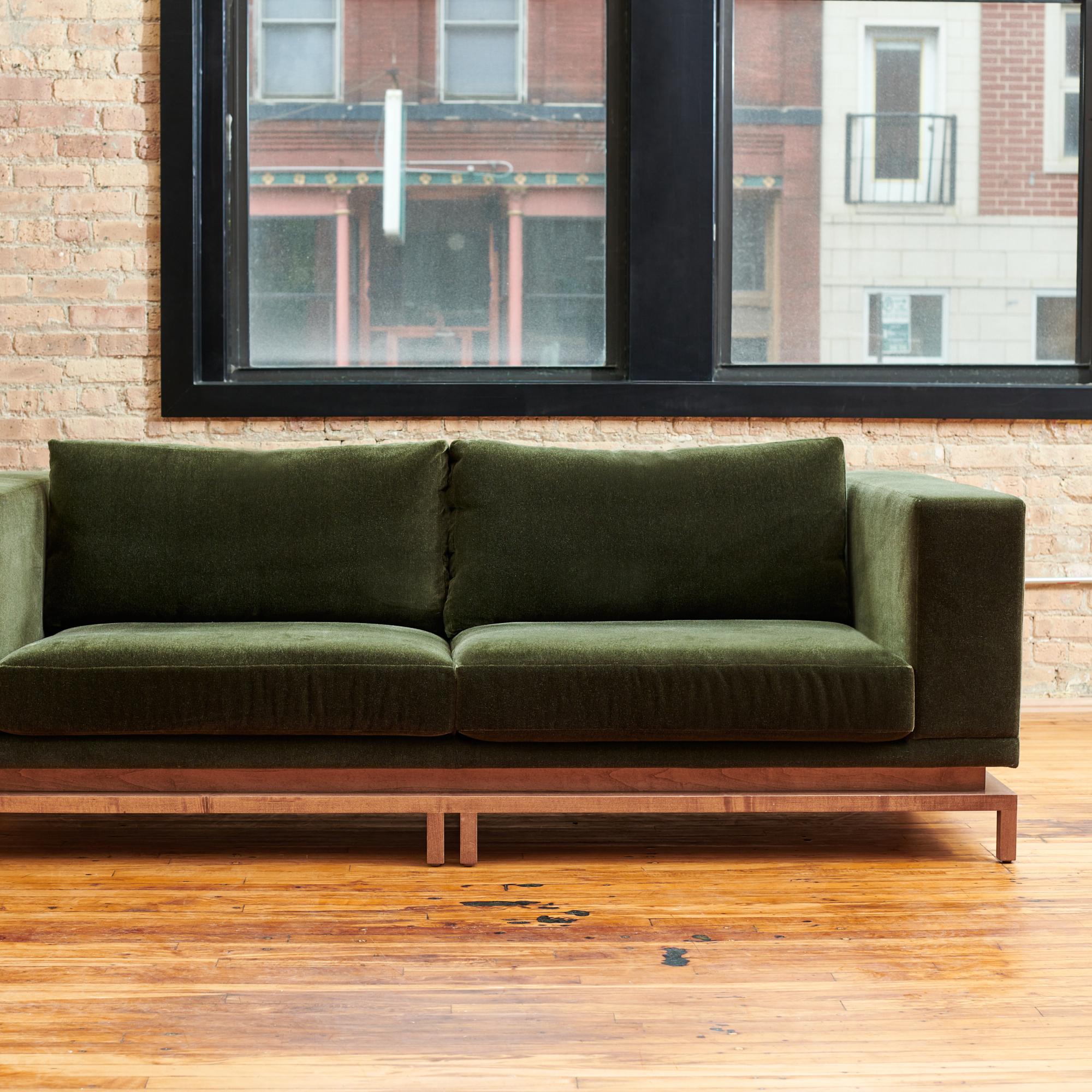Custom Contemporary Sofa Green Mohair Walnut Base Gil Melott Bespoke In New Condition For Sale In Chicago, IL