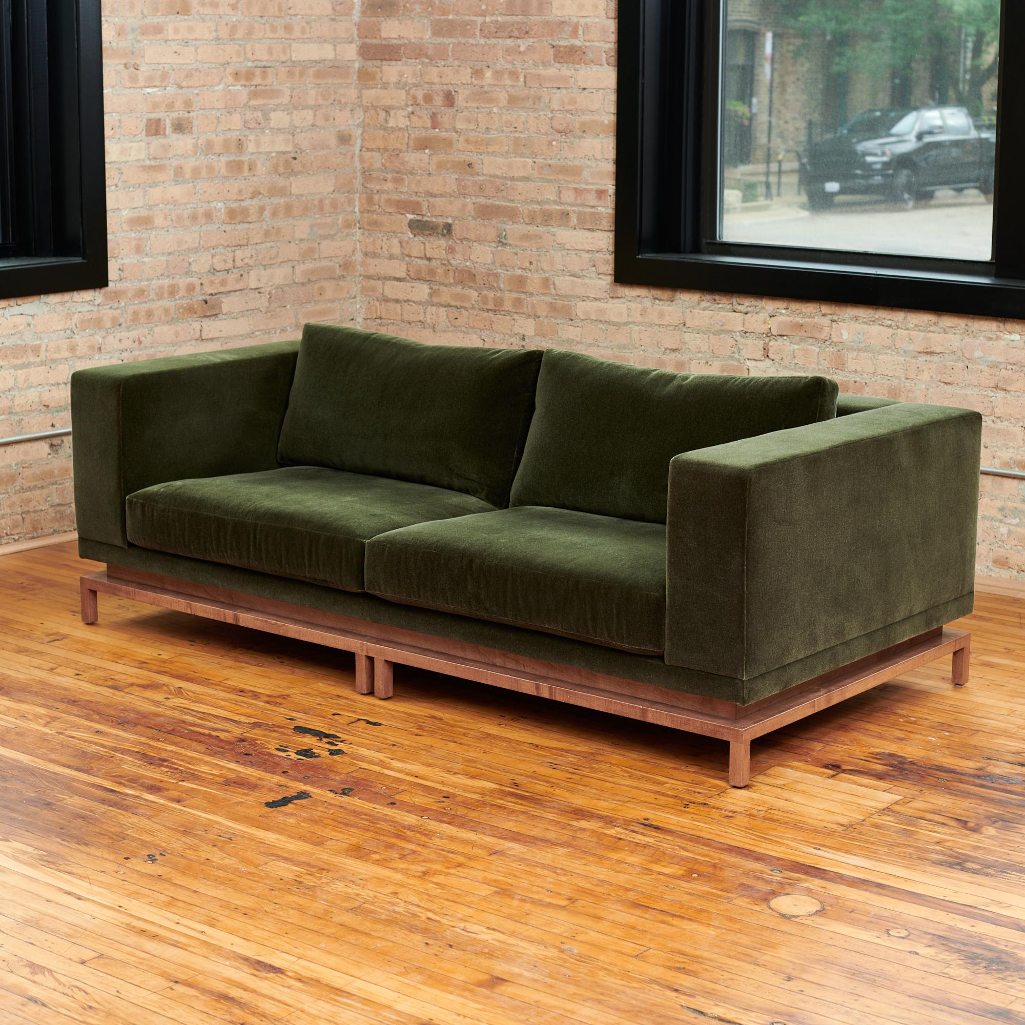 Custom Contemporary Sofa Green Mohair Walnut Base Gil Melott Bespoke For Sale 1