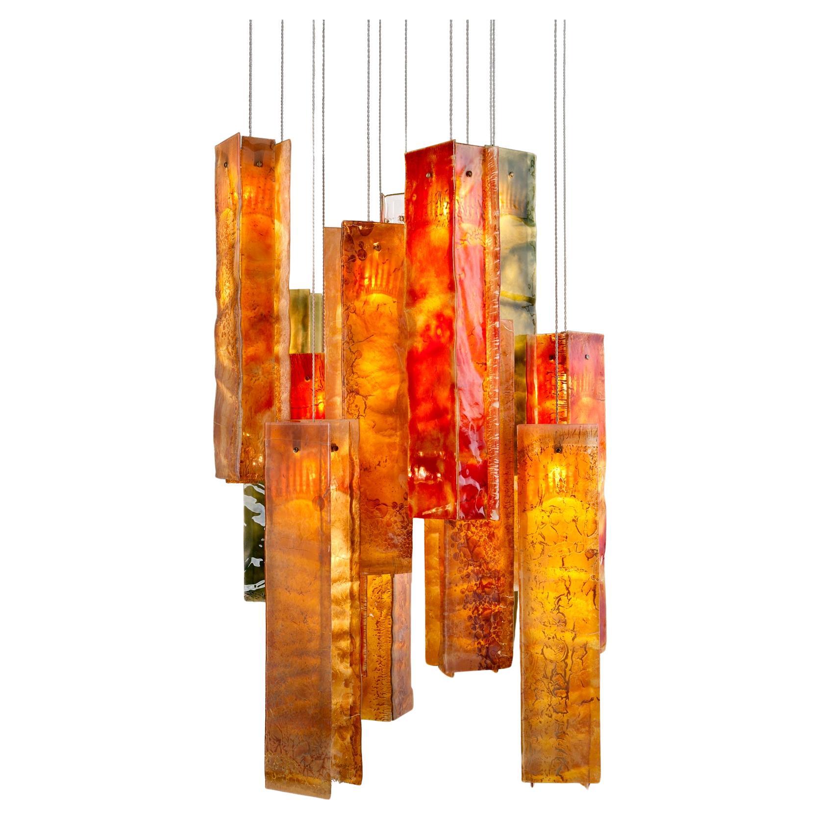 Custom Contemporary Stained Glass Chandelier - 12 Pendant Chandelier For Sale