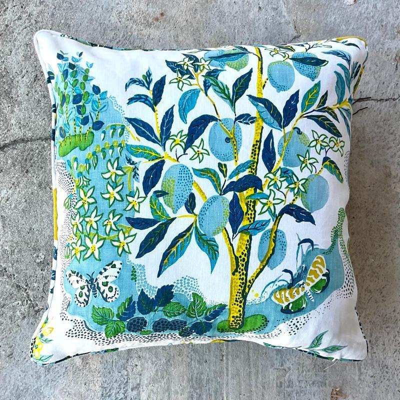 A fabulous custom made throw pillow. Made with the iconic Schumacher “Citrus Garden”. Brilliant blues and yellows in this legendary botanical print. Down filled cushion included. Four pillows available on my Chairish Page