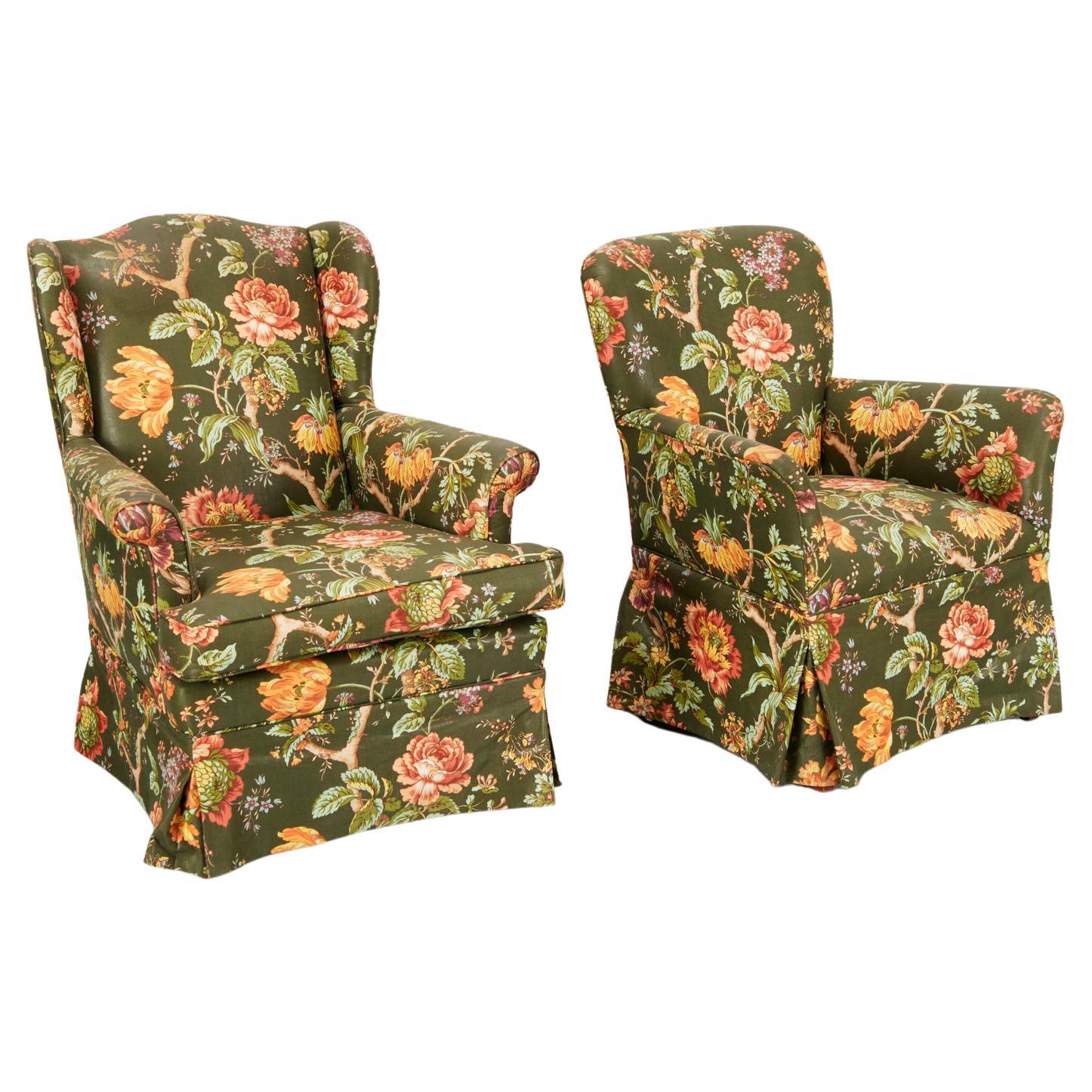 Custom Cotton Glazed Floral Chintz Upholstered His and Hers Lounge Chairs