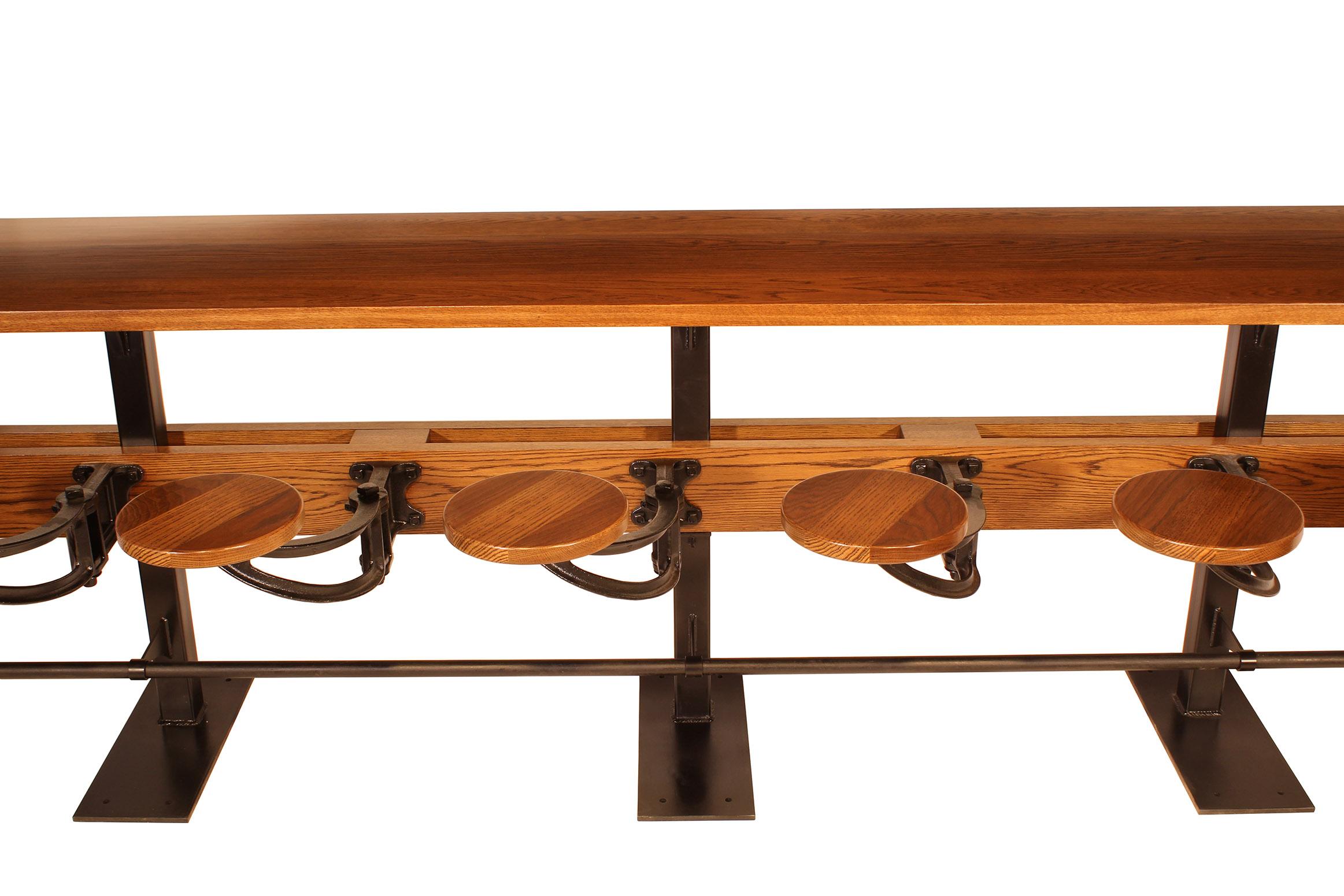 Industrial Custom Counter Bar / Pub Table with Attached Swing Out Seats, Built to Spec For Sale