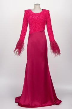 Custom Couture Fuchsia Sequin & Feather Gown with Train