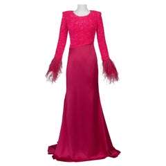 Custom Couture Fuchsia Sequin & Feather Gown with Train