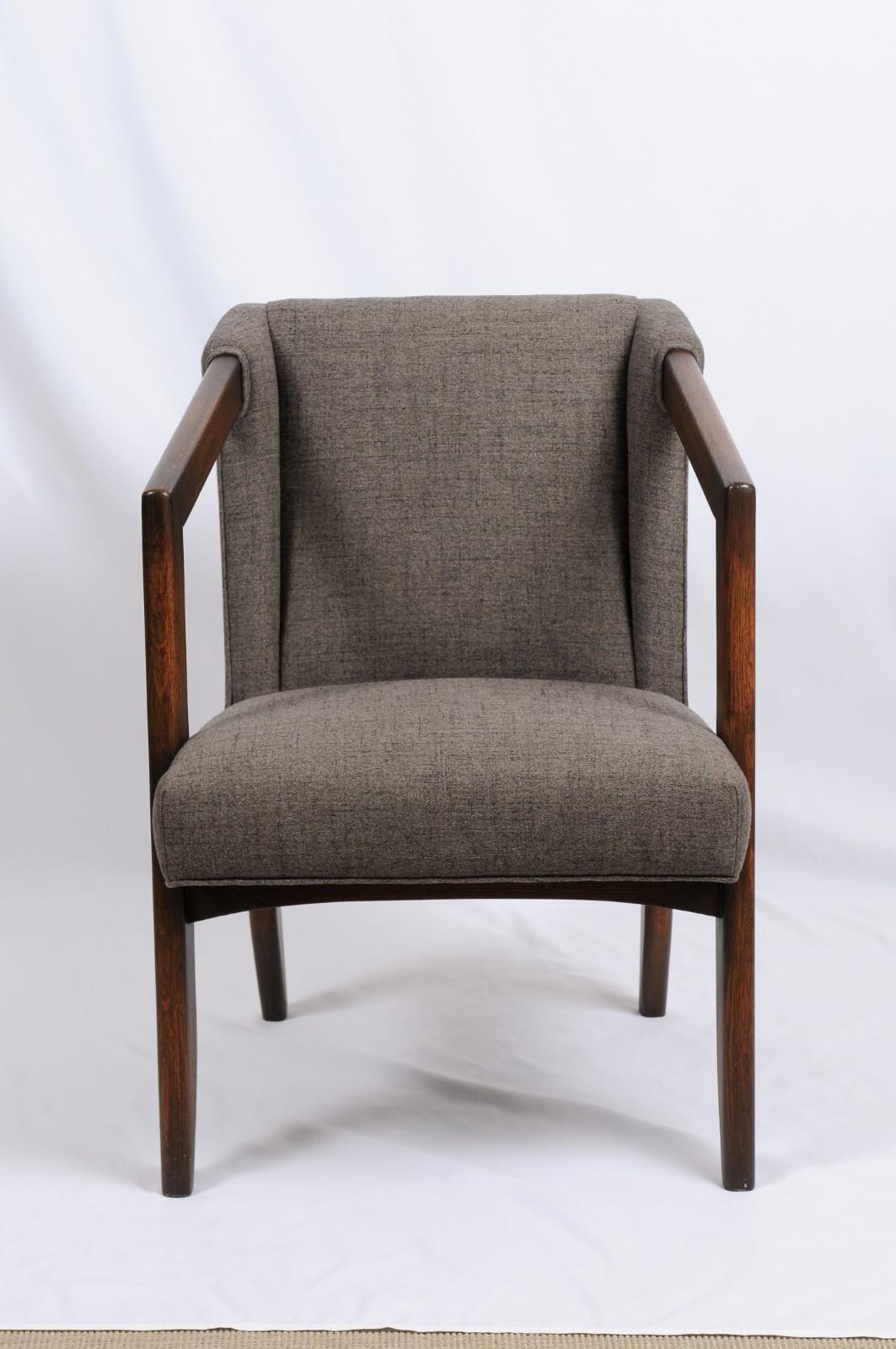A custom-created James Mont lounge chair, New York, 1960s,
Provenance: sold by the original New York owner who commissioned the artist to create it;
Stained oak, upholstered in Brentano 