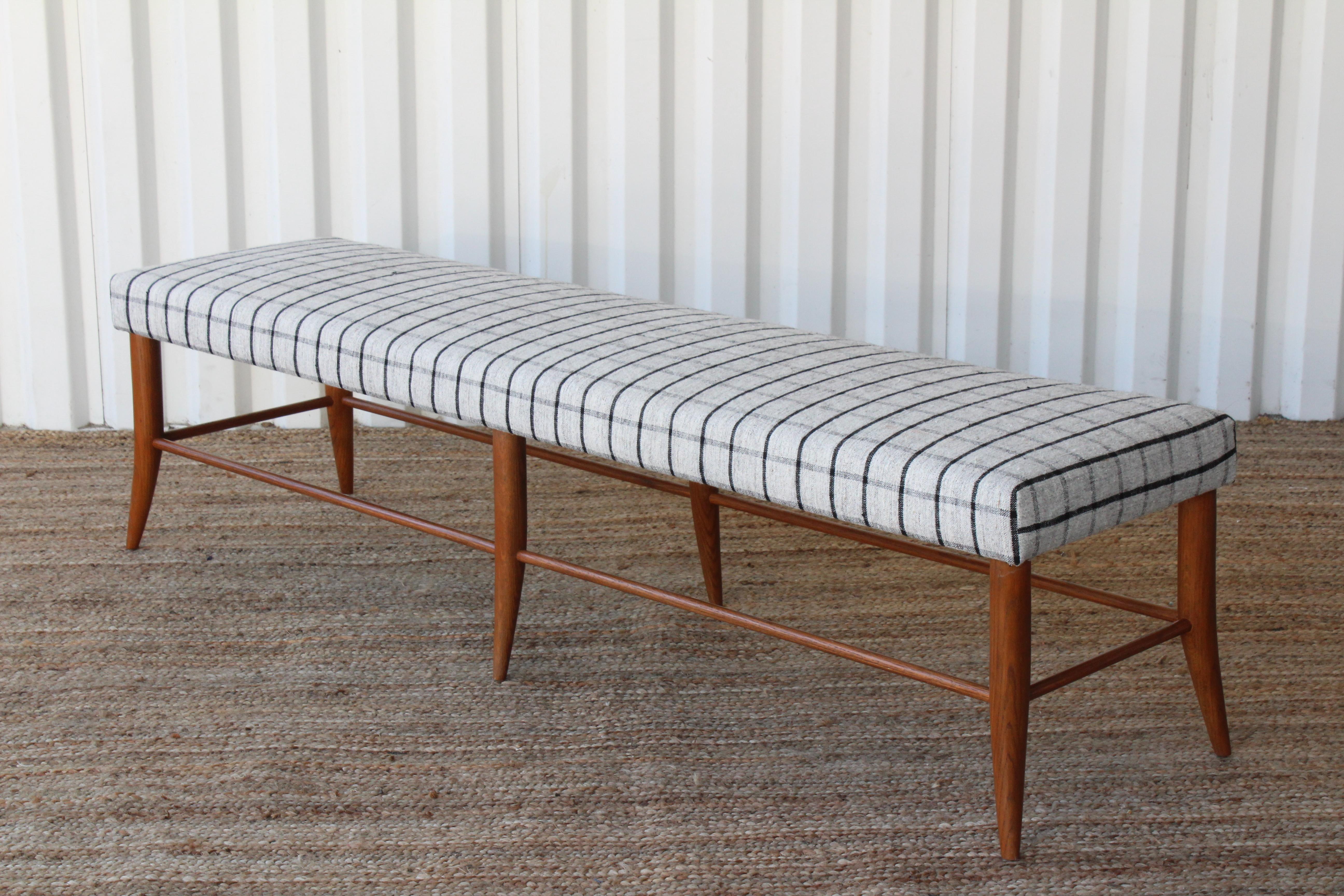 Mid-Century Modern Custom Croft Bench in Oak Upholstered in a Vintage Wool Textile