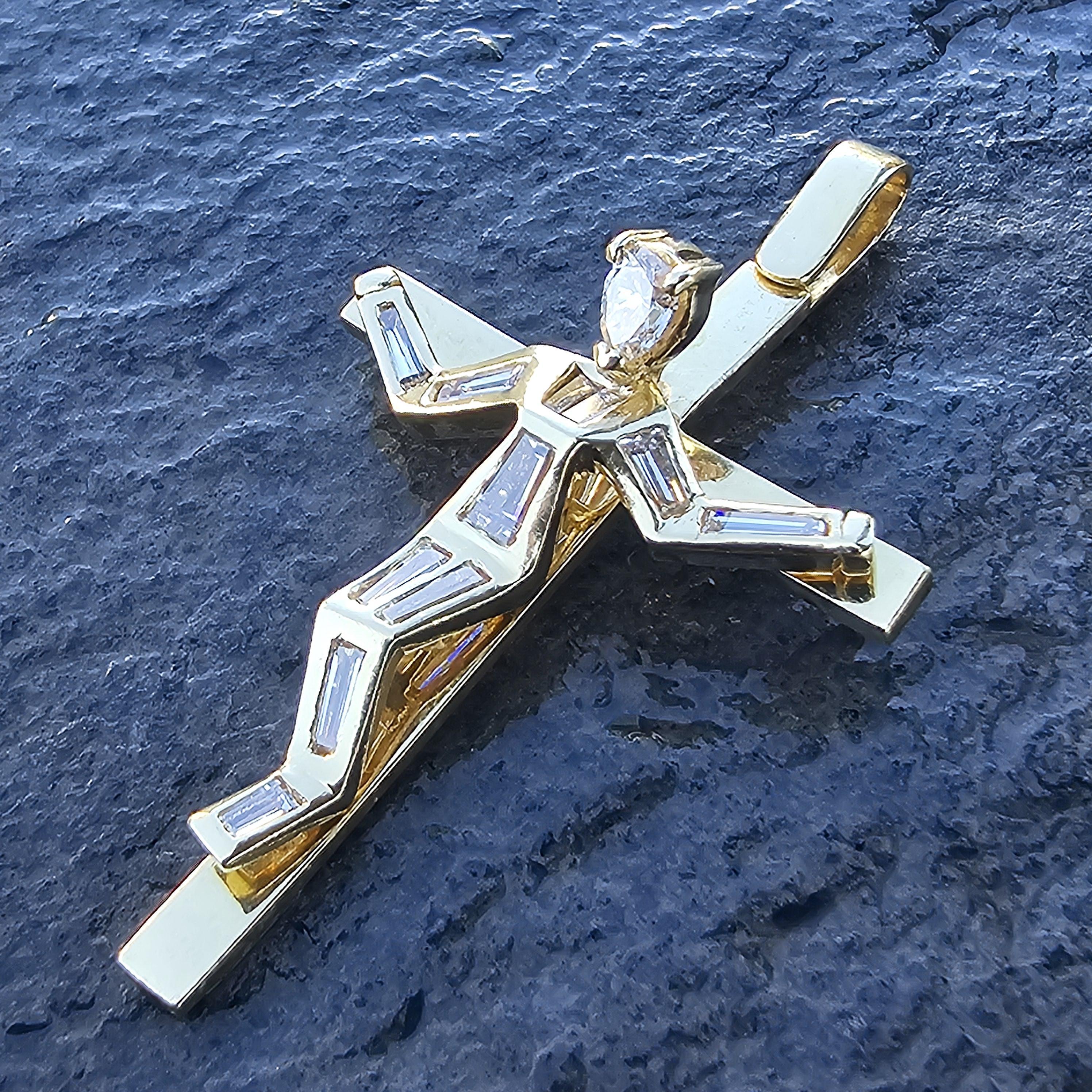 Pear Cut Custom Crucifix Cross Pendant 18k Gold 3D Jesus Diamond Pear Head Baguette 2
