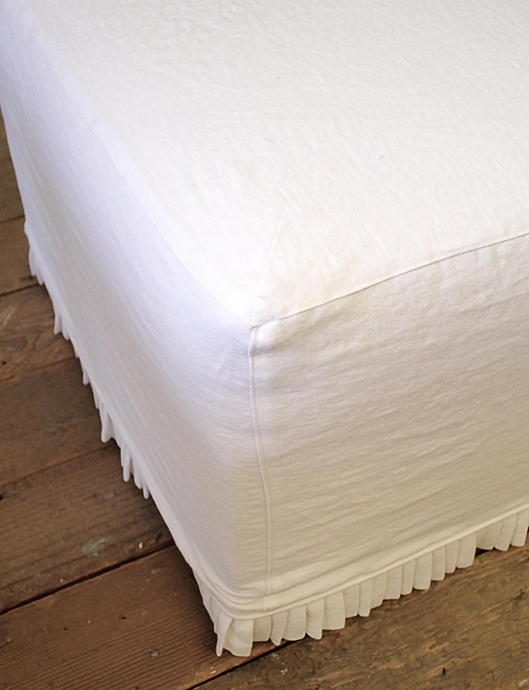 Custom Cube Ottoman Slip Covered in White Belgian Linen with Hand Pleated Ruffle In Good Condition In Brea, CA