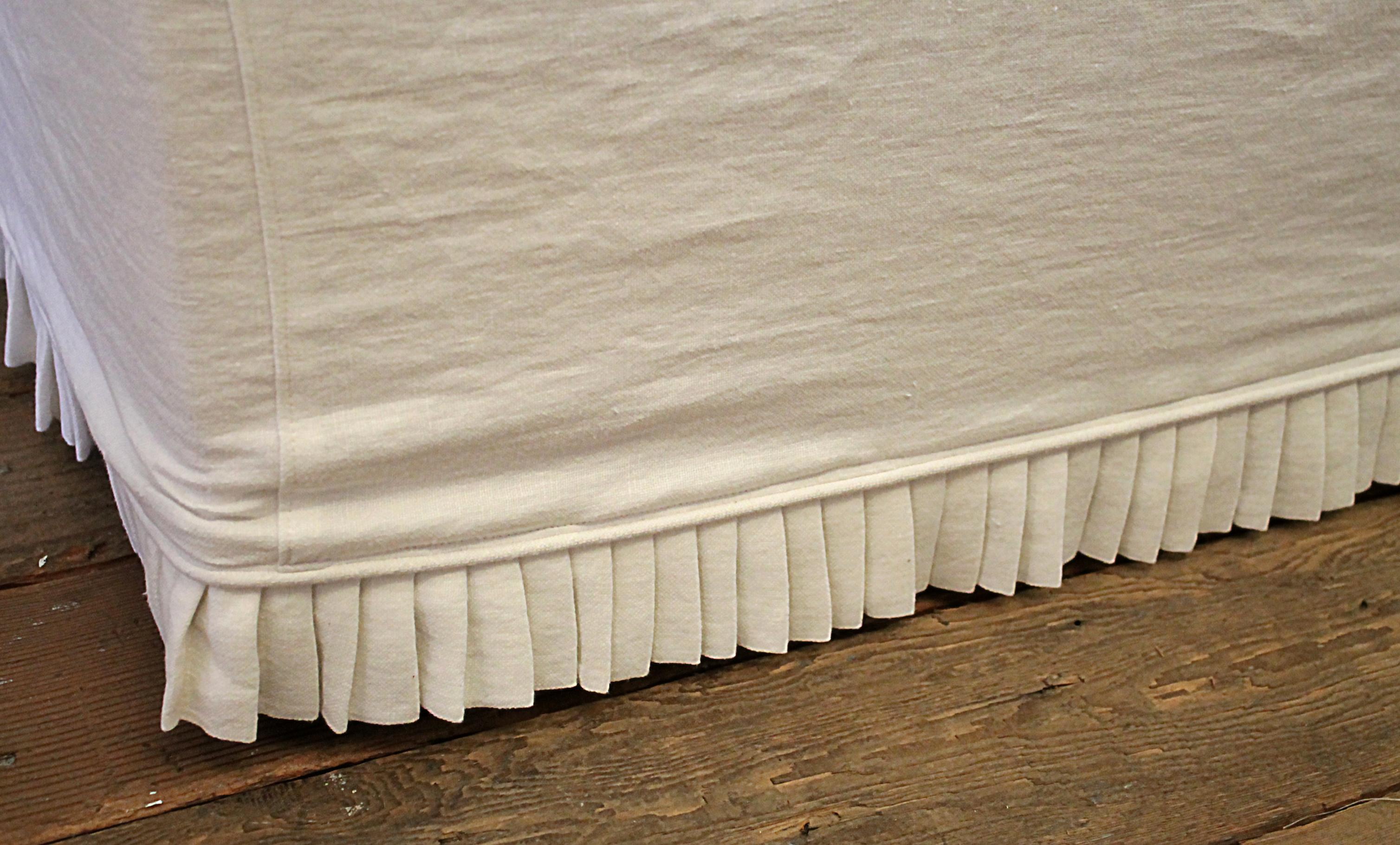 Contemporary Custom Cube Ottoman Slip Covered in White Belgian Linen with Hand Pleated Ruffle