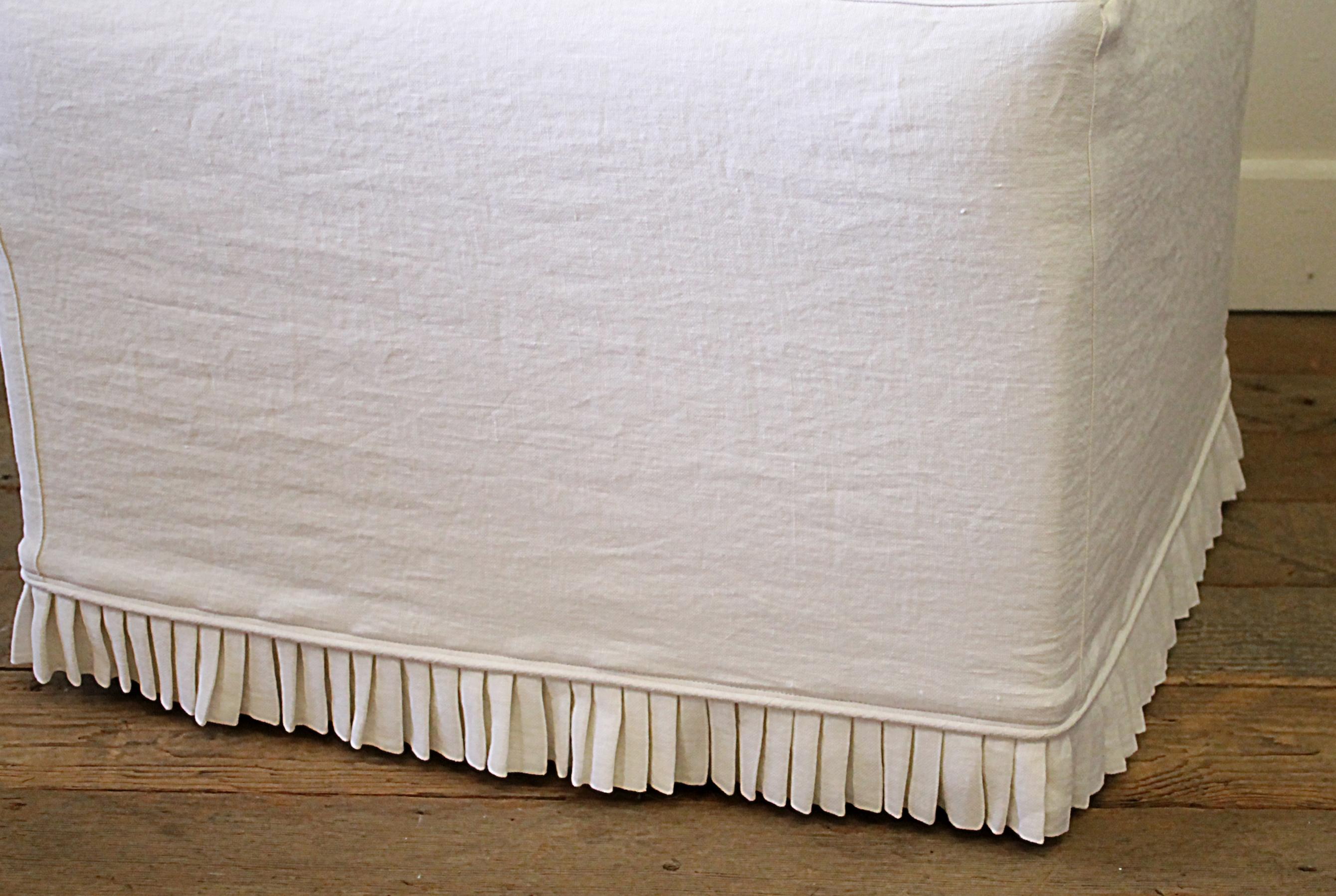 Custom Cube Ottoman Slip Covered in White Belgian Linen with Hand Pleated Ruffle 1