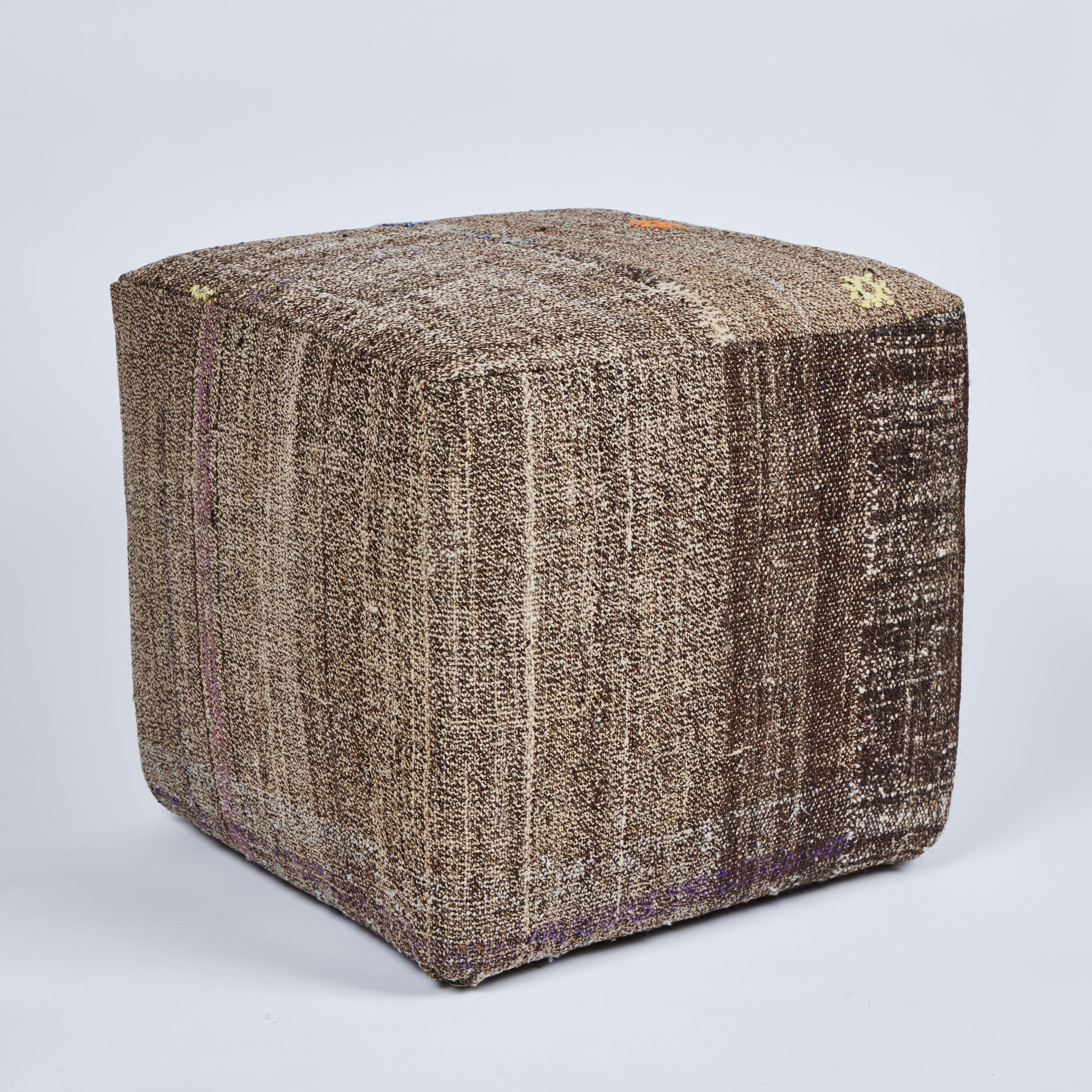 Contemporary Custom Cube Stool, Newly Upholstered in a Vintage Wool Rug