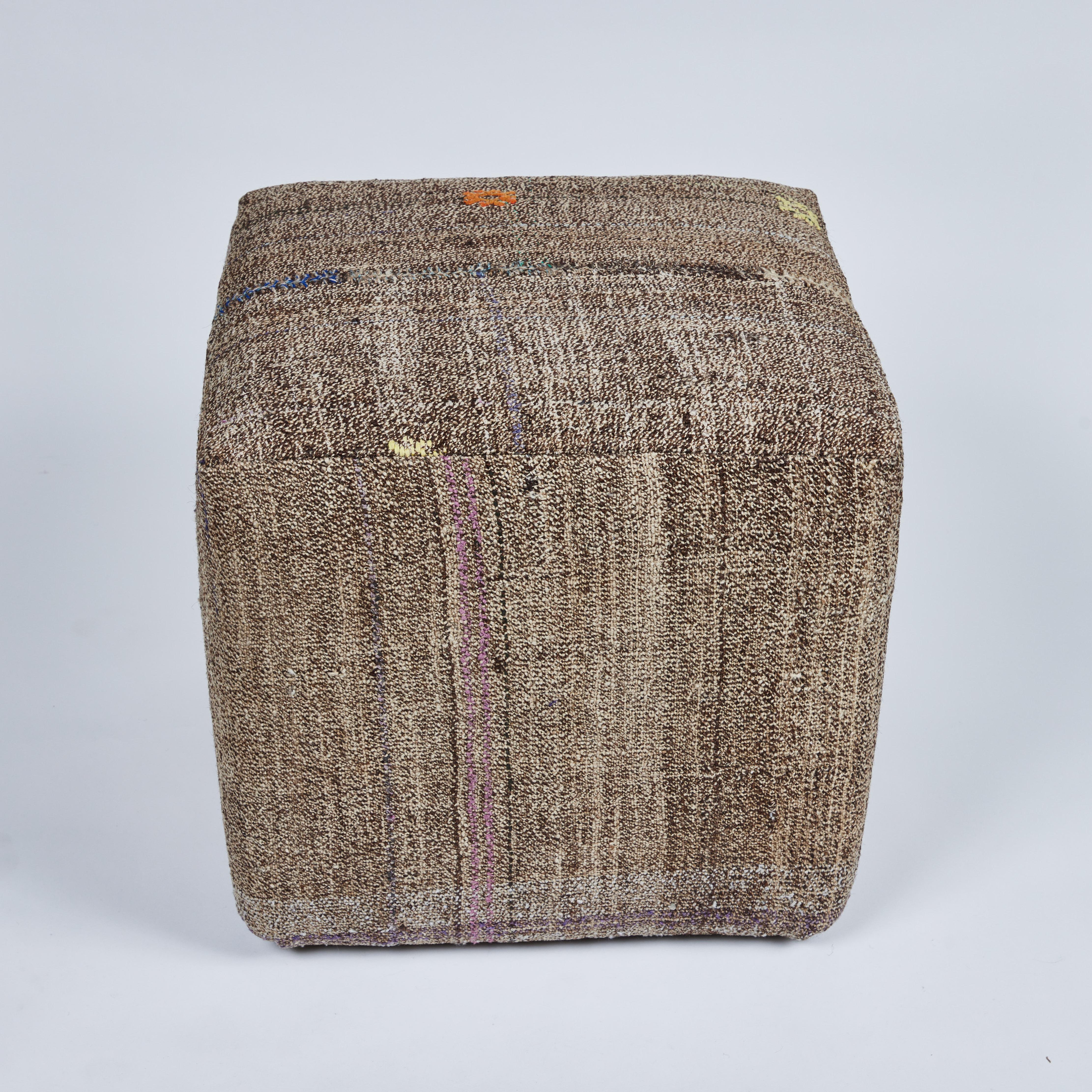 Custom Cube Stool, Newly Upholstered in a Vintage Wool Rug 1