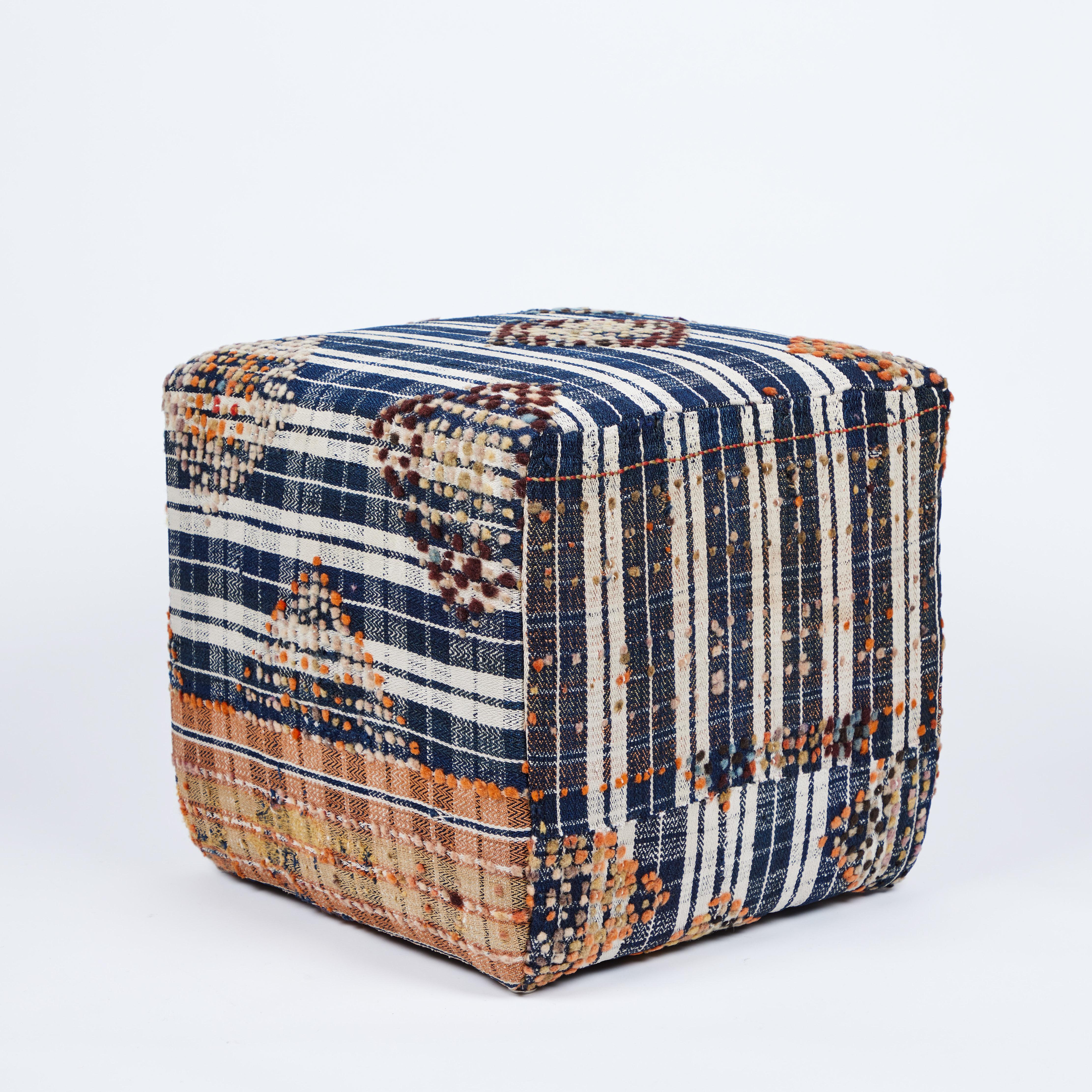 Custom Cube Stool Newly Upholstered in a Vintage Wool Rug 2