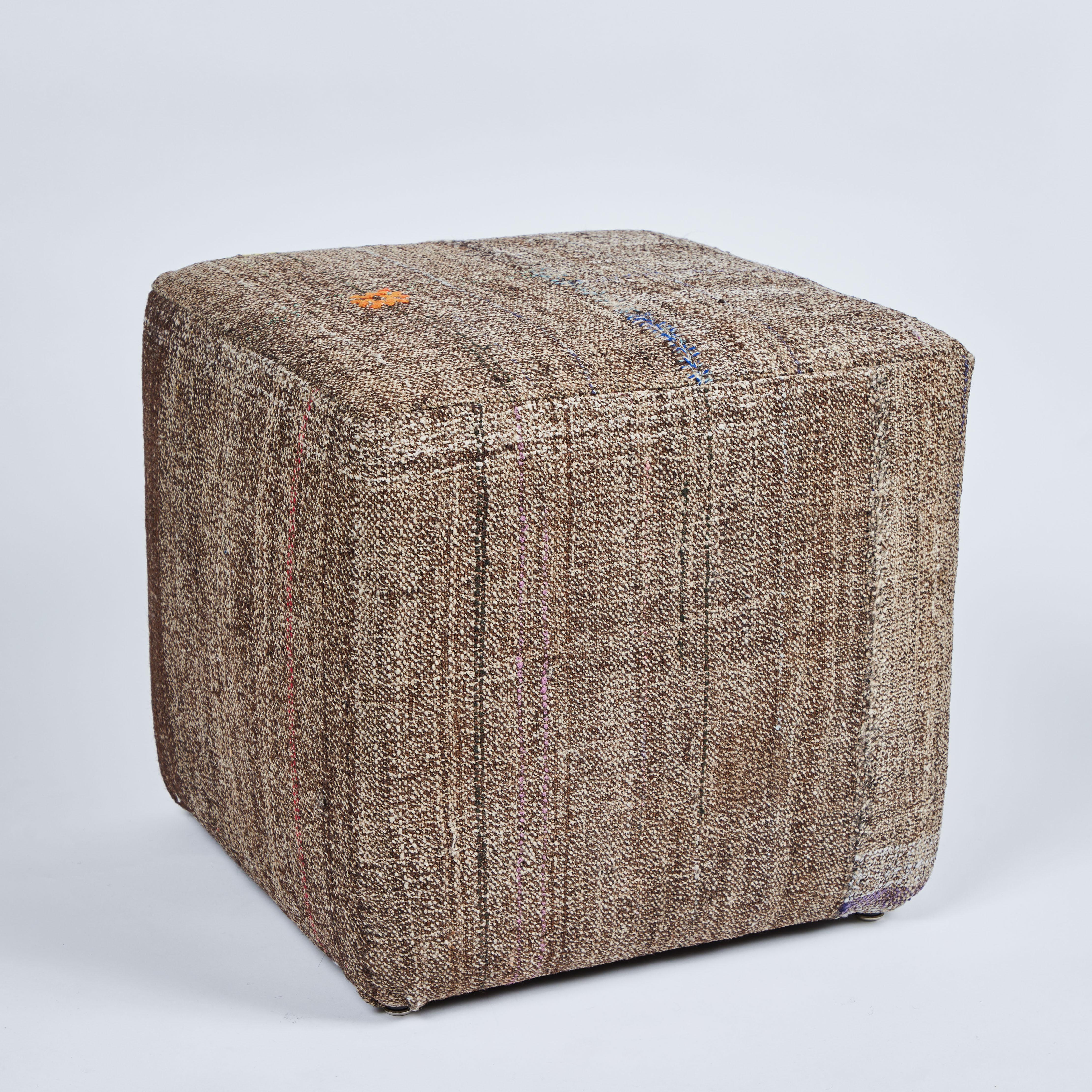 Custom Cube Stool, Newly Upholstered in a Vintage Wool Rug 2