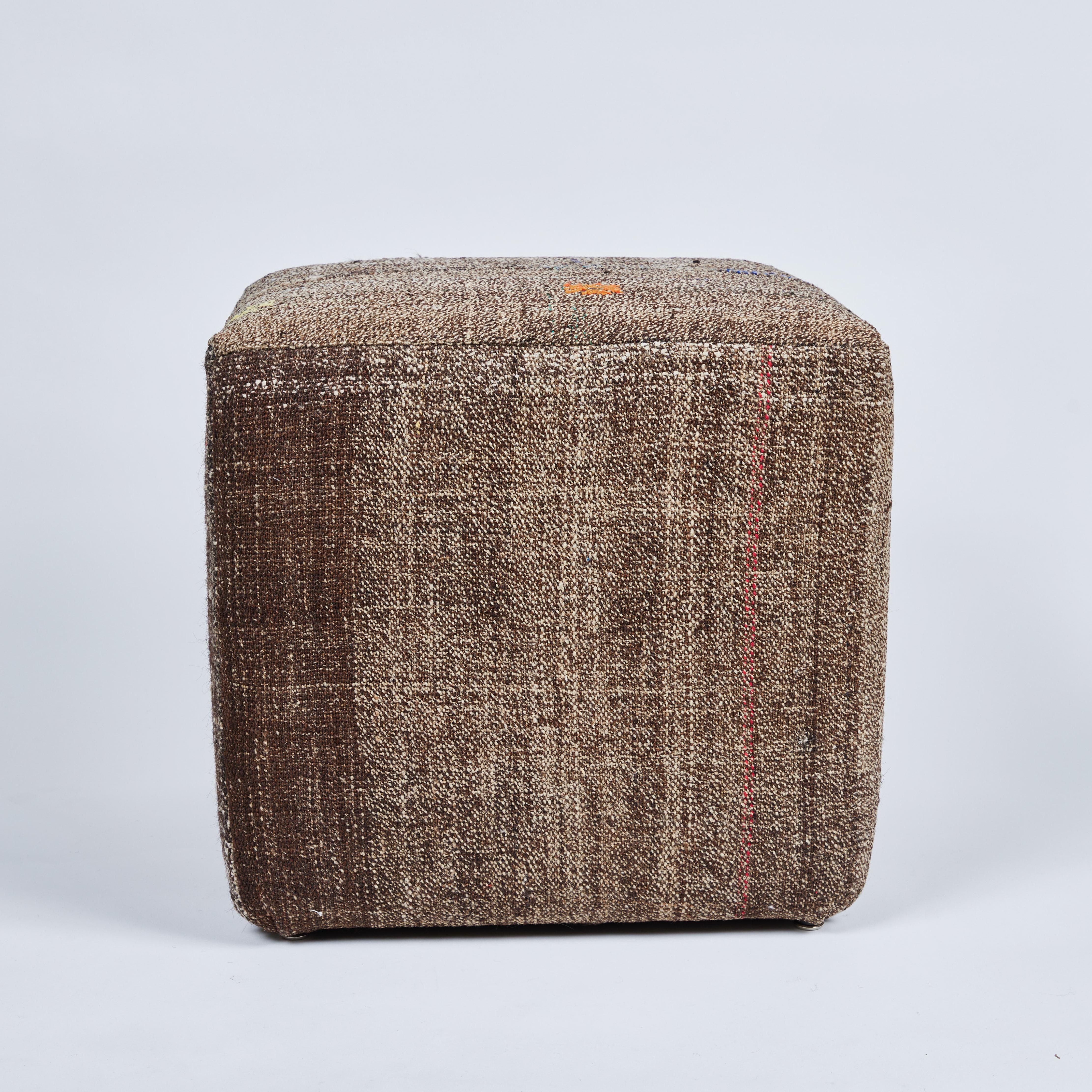 Custom Cube Stool, Newly Upholstered in a Vintage Wool Rug 3