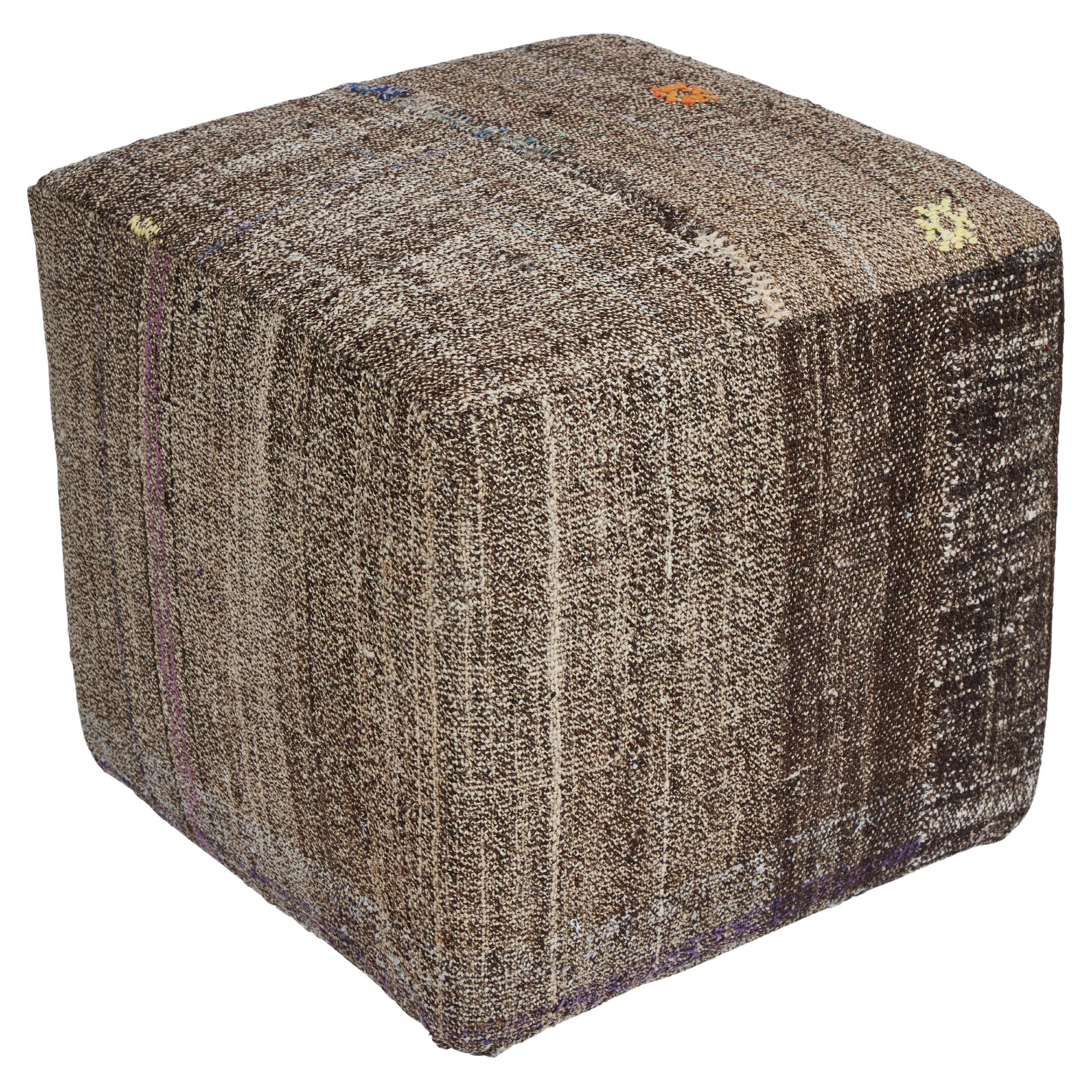 Custom Cube Stool, Newly Upholstered in a Vintage Wool Rug