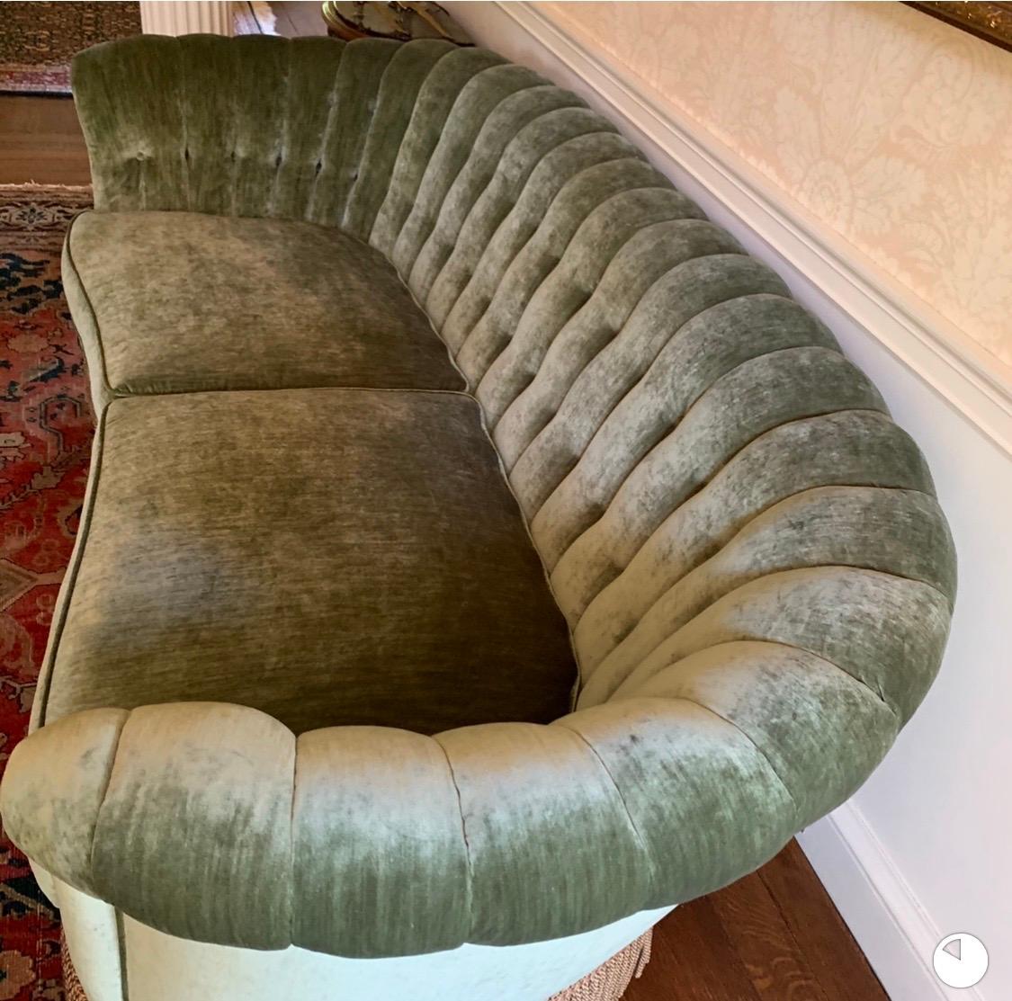 Hollywood Regency Art Deco Custom Curved Velvet Tufted Channel Back Sofa