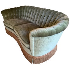 Vintage Art Deco Custom Curved Velvet Tufted Channel Back Sofa