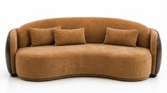 Custom Curved Kidney Sofa in Camel Mohair with Castanho Leather Shell