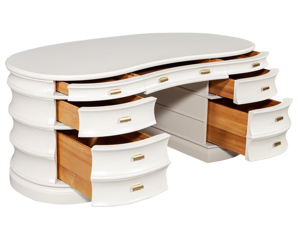Custom curved modern cream executive desk. One of a kind designed drum makers styled desk with a contoured flowing kidney shape. Finished in a decorator white satin lacquer.

Price includes complimentary scheduled curb side delivery to the