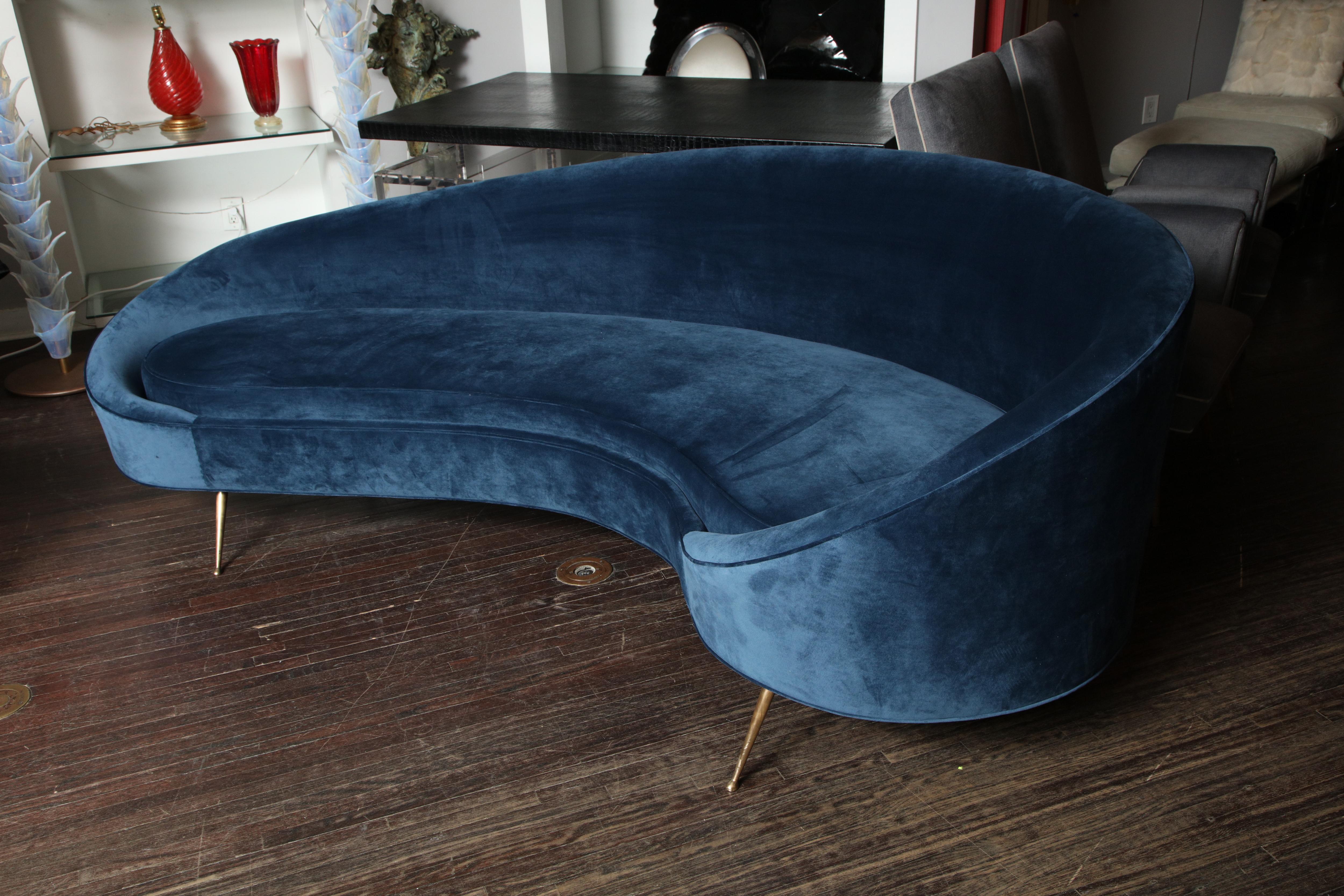 Mid-Century Modern Custom Curved Sofa in Blue Velvet