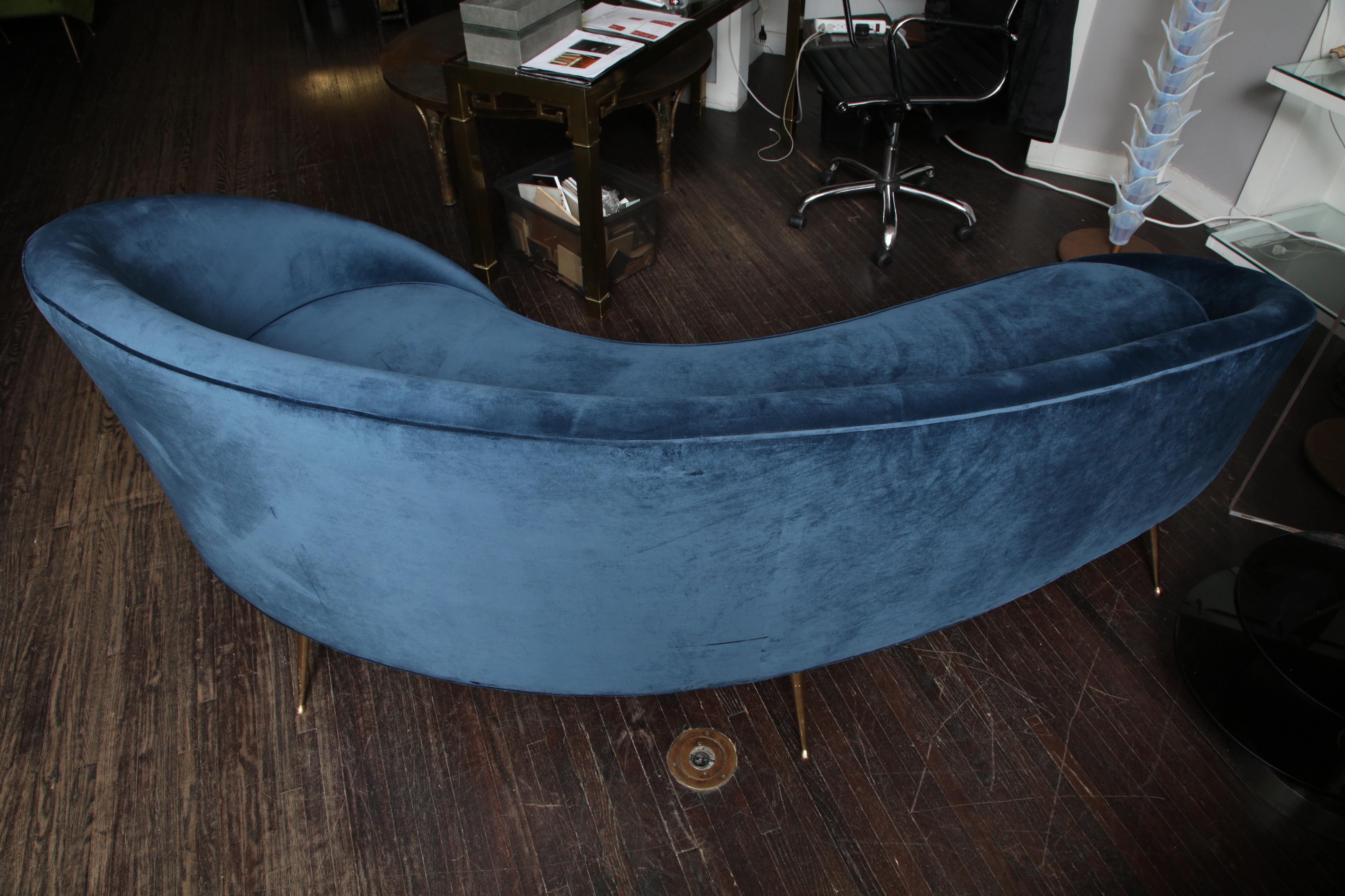Contemporary Custom Curved Sofa in Blue Velvet