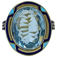 Custom Cut 5.3 Carat Aquamarine in Gold and Enamel Egyptian Revival Setting