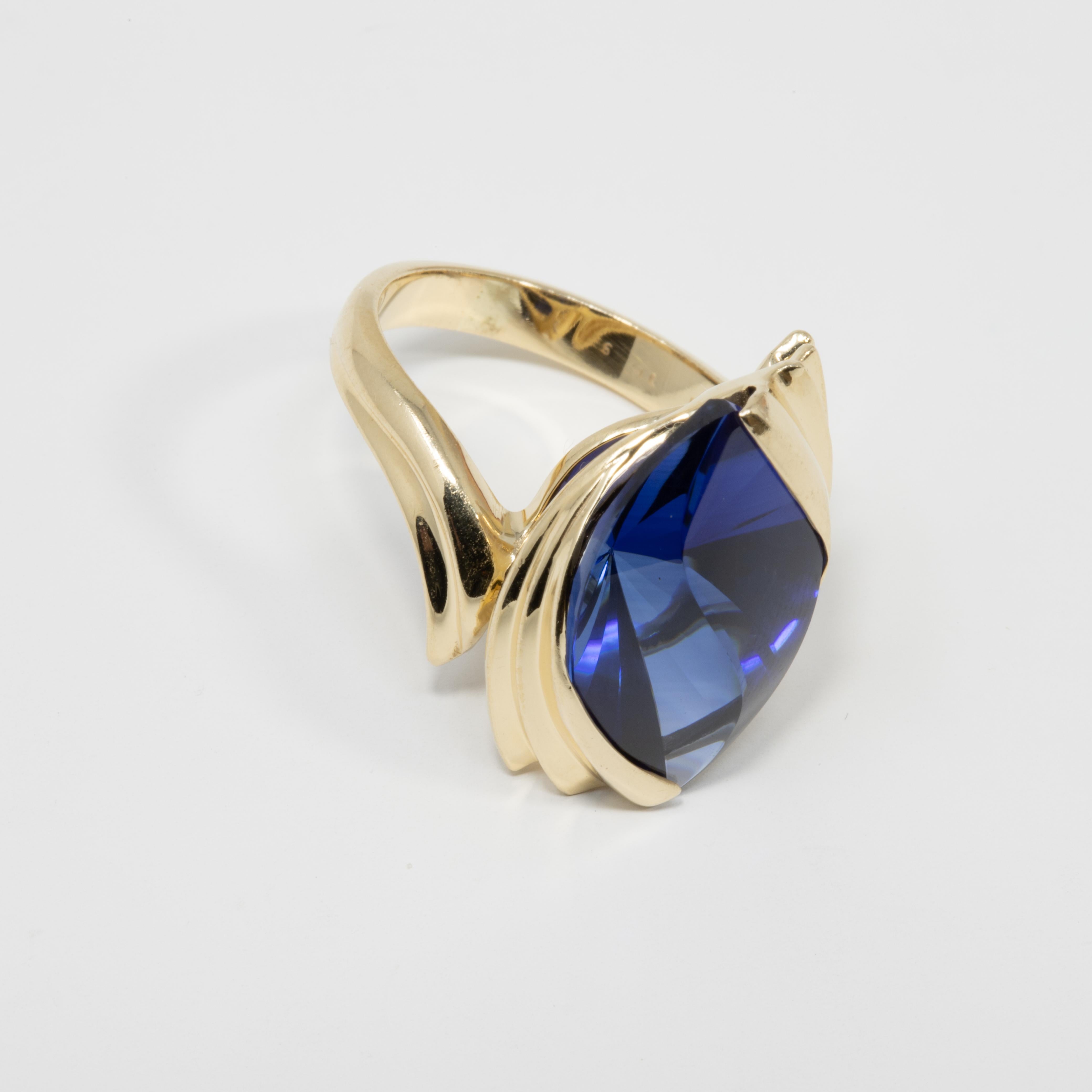 Mixed Cut Custom Cut Created Sapphire Cocktail Ring in 14 Karat Gold For Sale