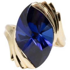 Custom Cut Created Sapphire Cocktail Ring in 14 Karat Gold