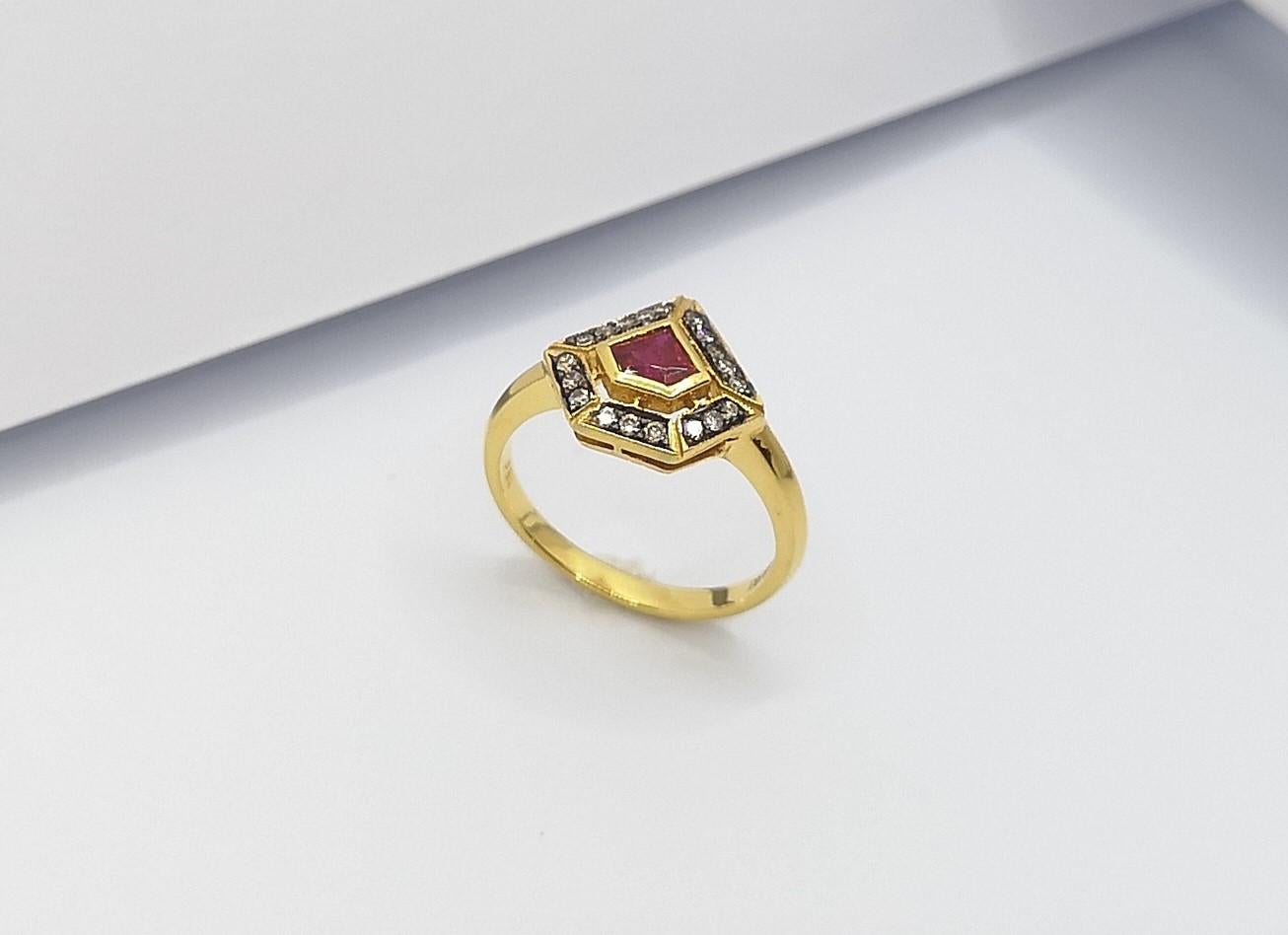 Custom Cut Ruby with Brown Diamond Ring Set in 18 Karat Gold Settings For Sale 10