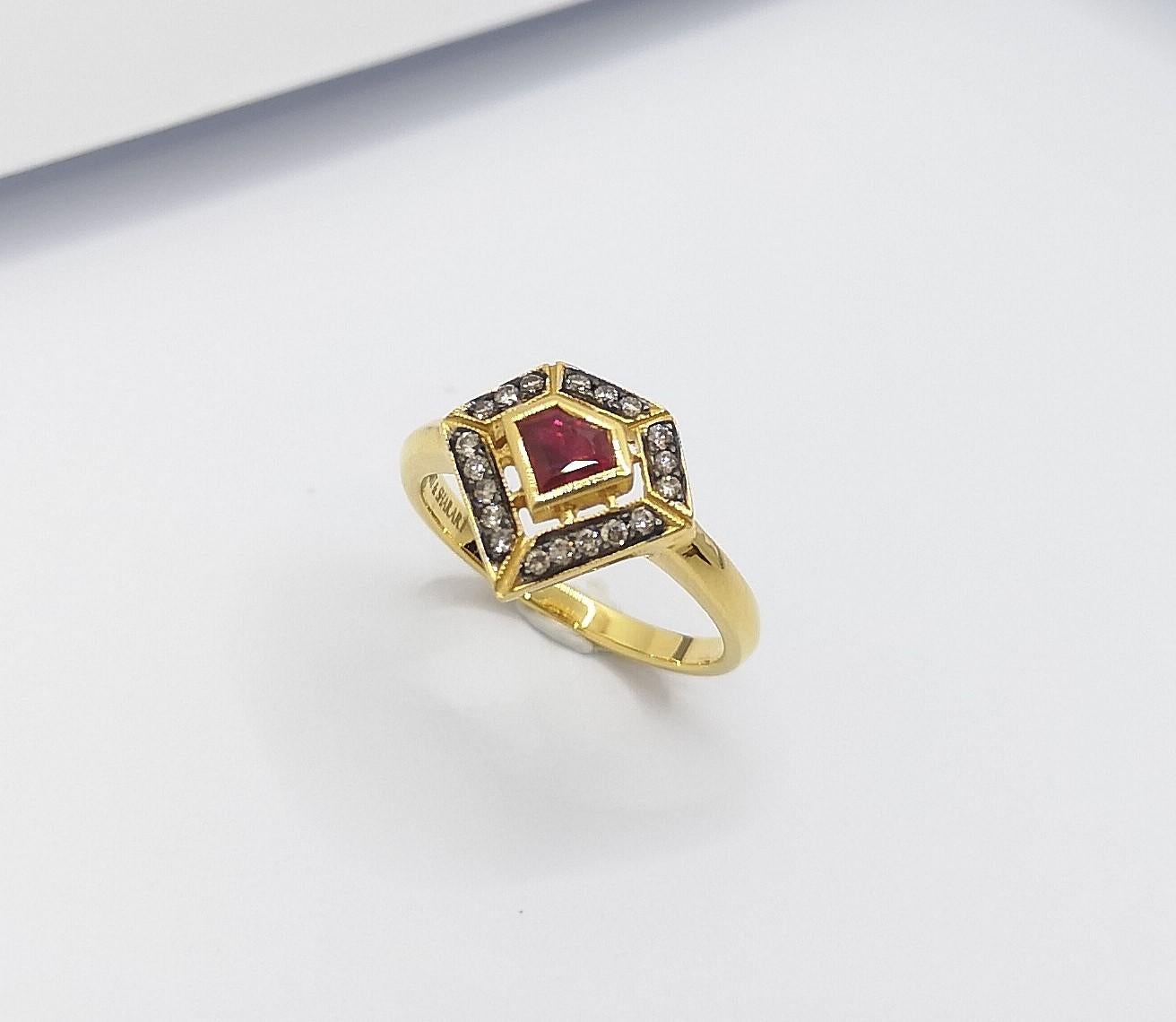 Custom Cut Ruby with Brown Diamond Ring Set in 18 Karat Gold Settings For Sale 13