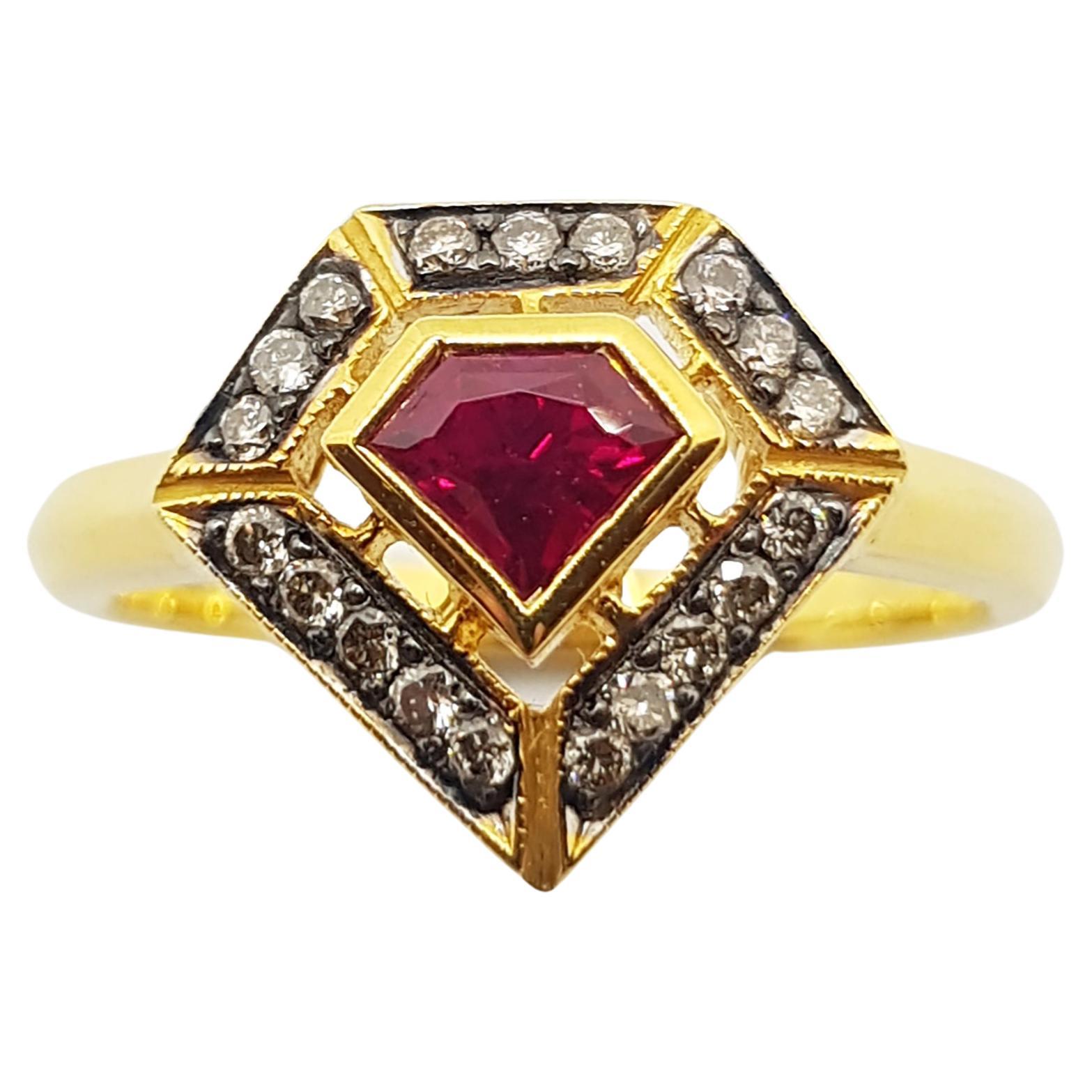 Custom Cut Ruby with Brown Diamond Ring Set in 18 Karat Gold Settings For Sale
