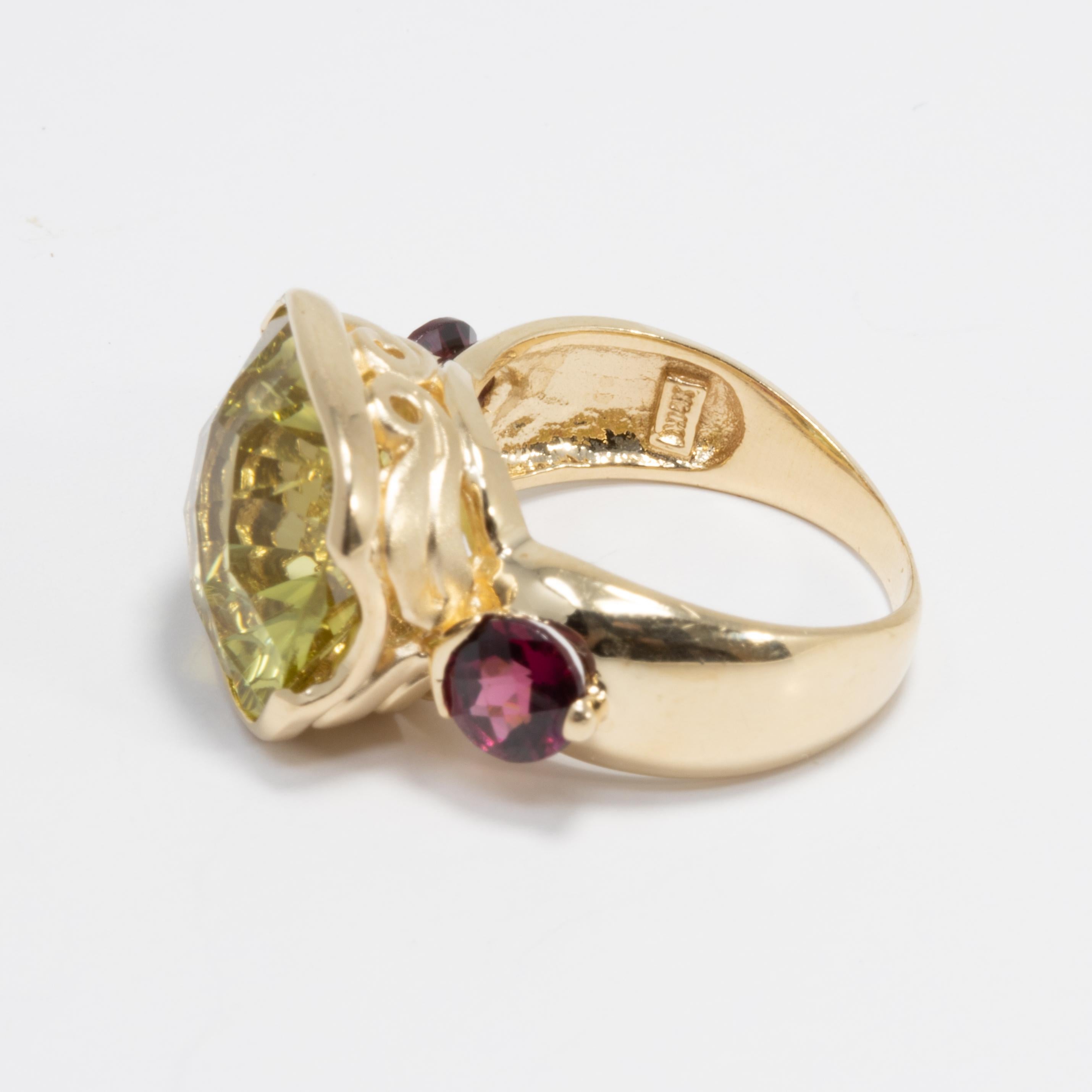 Certified Lemon Quartz and Garnet 14 Karat Statement Cocktail Ring, Band In Excellent Condition For Sale In Milford, DE