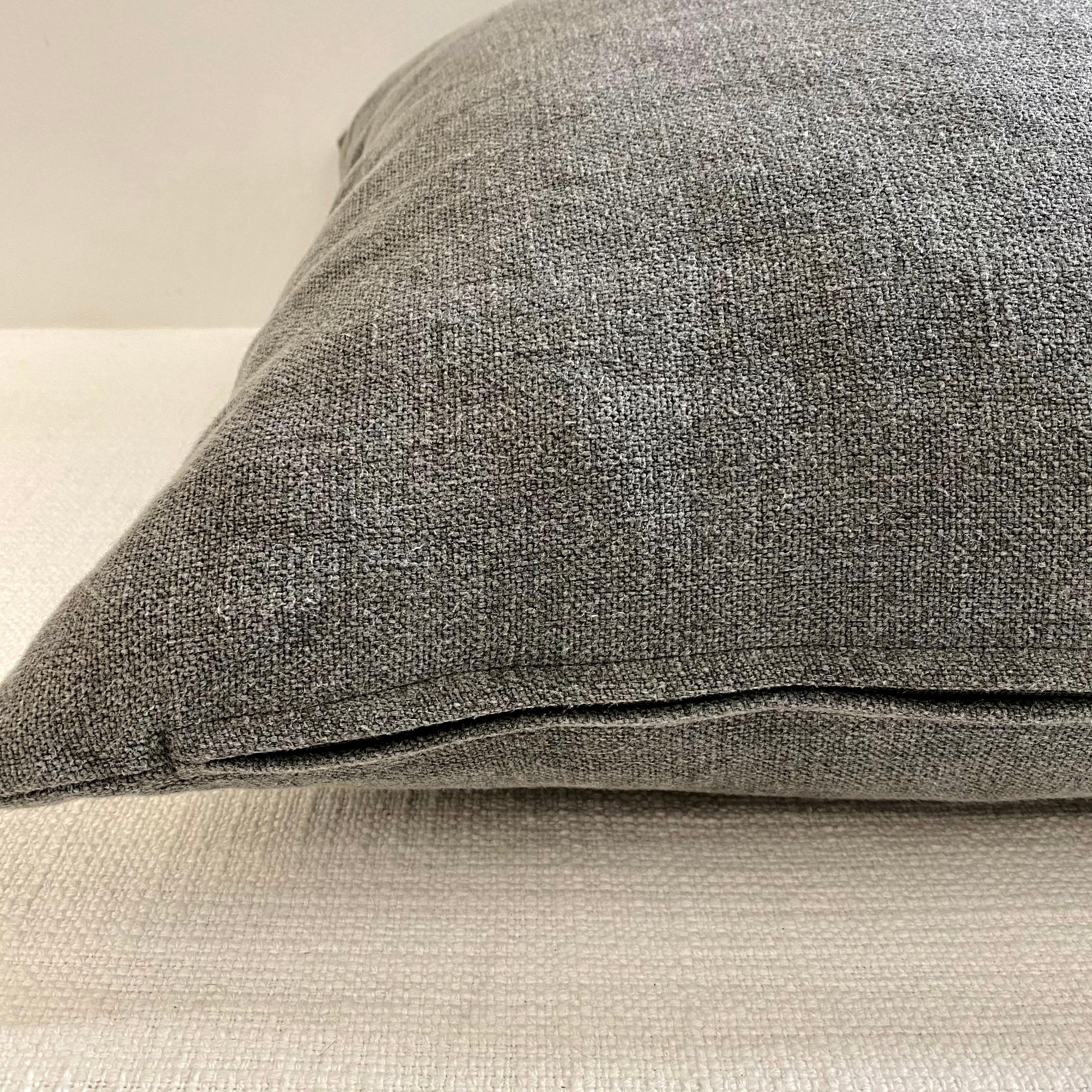 Custom dark gray stone washed linen pillow with down feather insert.
Heavy European linen in a dark charcoal gray, with zipper closure.
Overlocked seams, can be machine washed.
Size: 22 x 22.
  