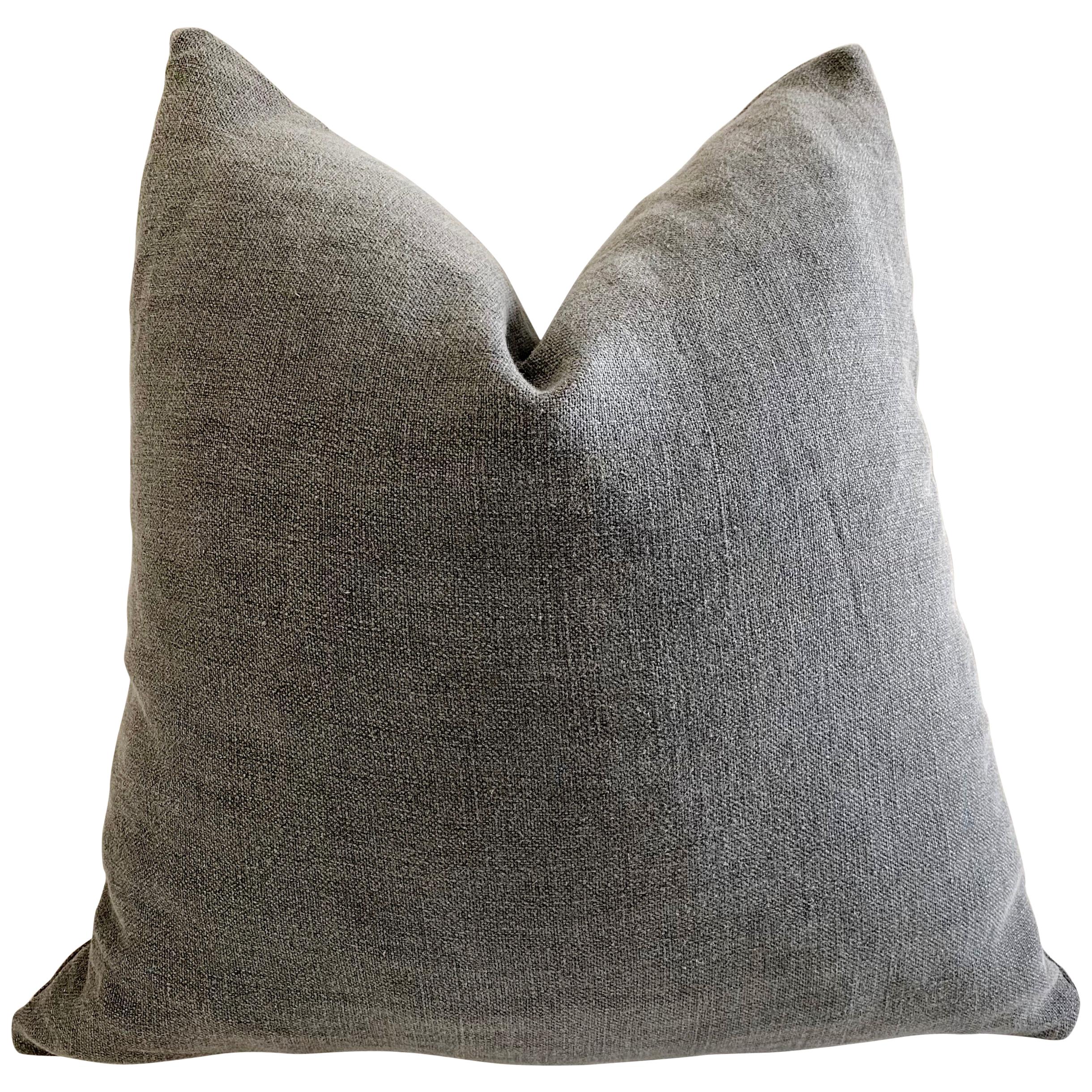 Custom Dark Gray Stone Washed Linen Pillow with Down Feather Insert For Sale