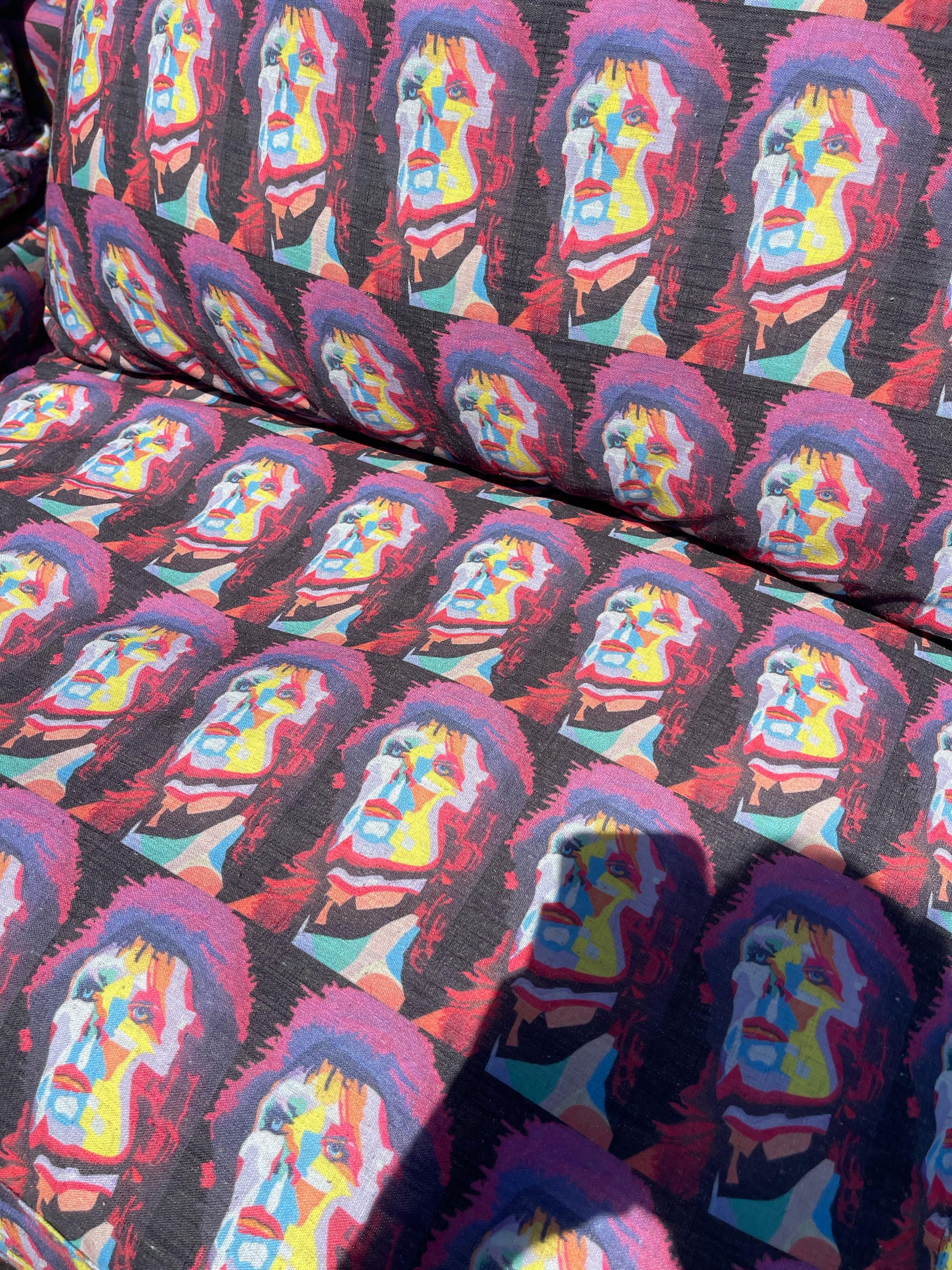 A unique of slipper chairs is customized David Bowie fabric. Would be perfect for a studio. Super soft to touch linen fabric, filled with down for extra comfort. 