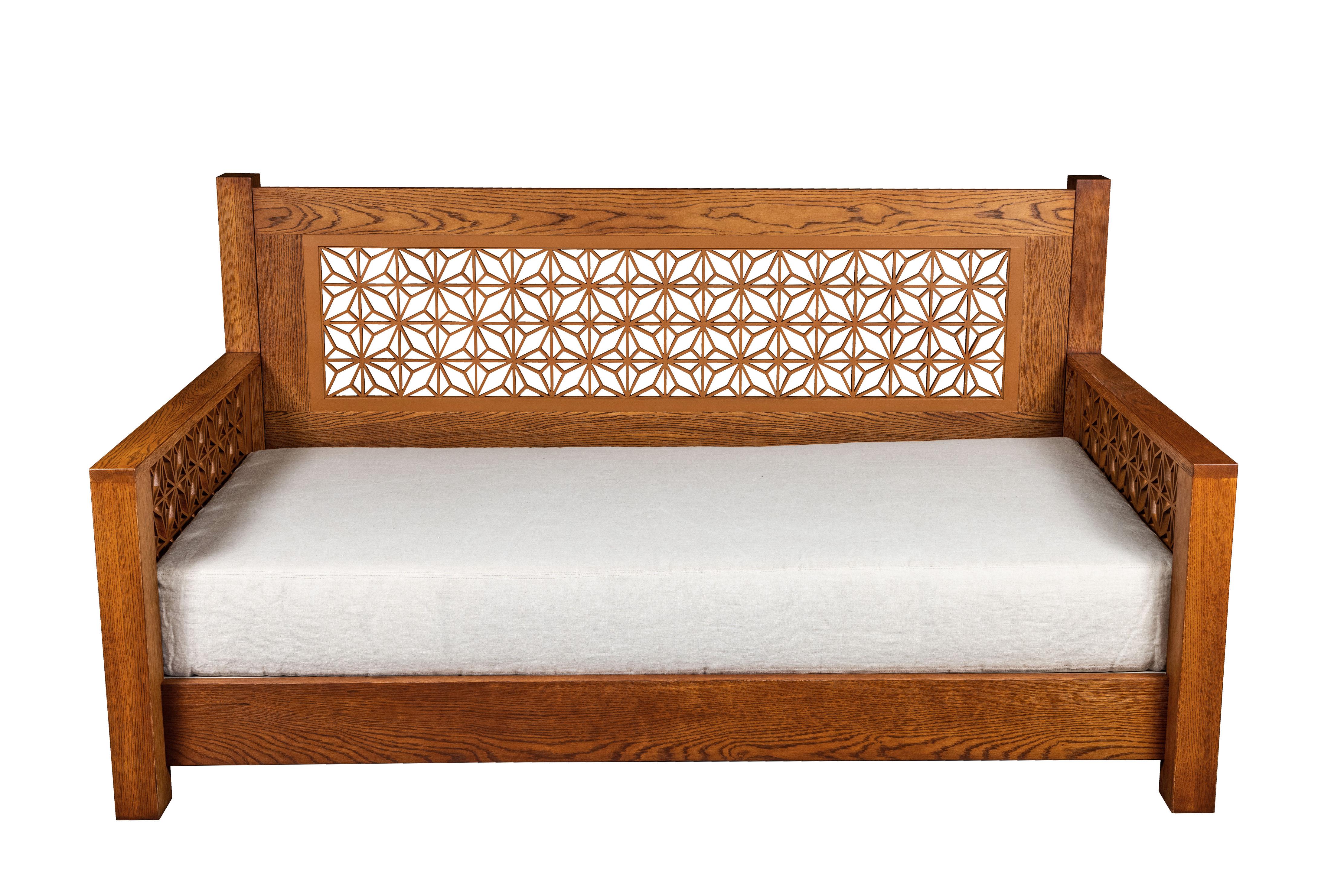 Custom daybed frame made from white oak with mid century teak Kumiko panels on side and back. The Dacron wrapped foam mattress has a flax linen cover.