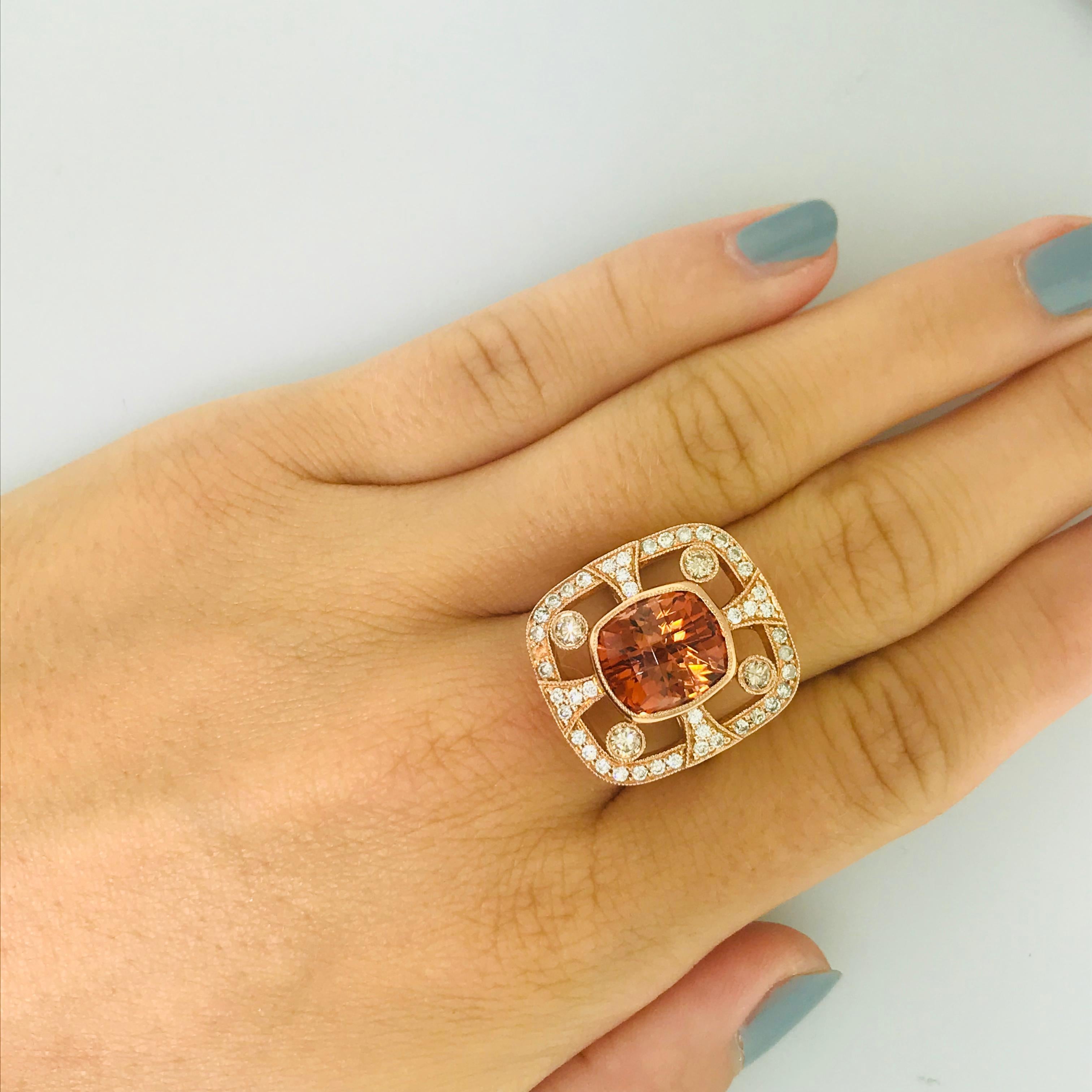 Custom, One Of A Kind Copper Citrine and Diamond Ring in Rose Gold:
This special one of a kind 2 carat custom ring has been designed by Five Star Jewelry in Austin Texas. Each step of the design process was created carefully and every stone has been