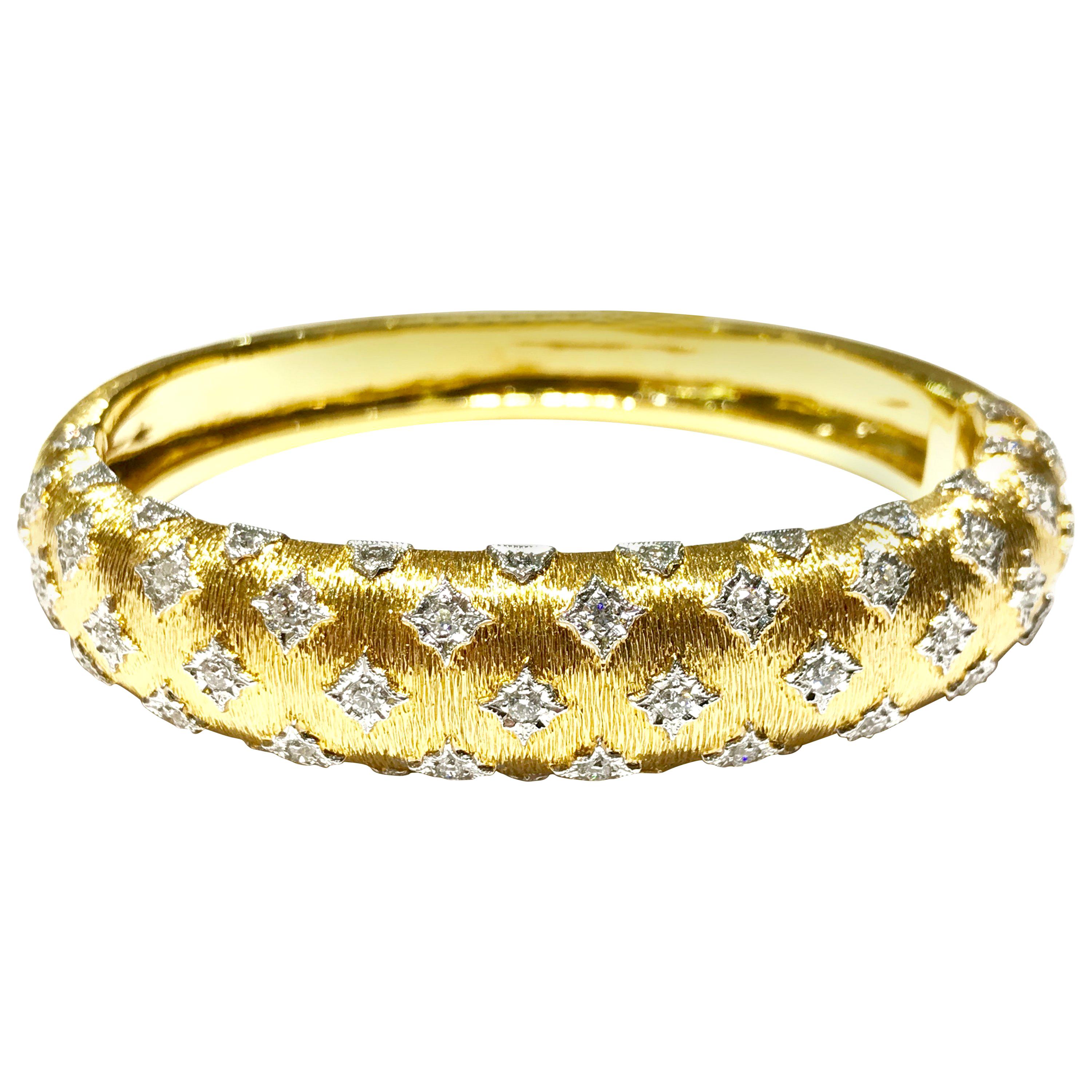 Custom Design Bracelet in Yellow Gold with White Gold Bezels Set with Diamonds For Sale