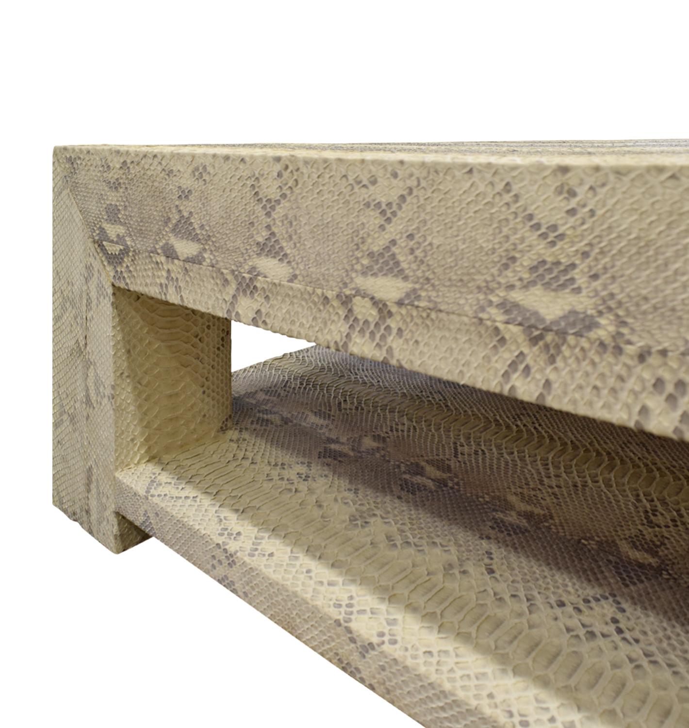 Modern Large 2-tier coffee table in beige python with glass top, custom design, ca 2012 For Sale
